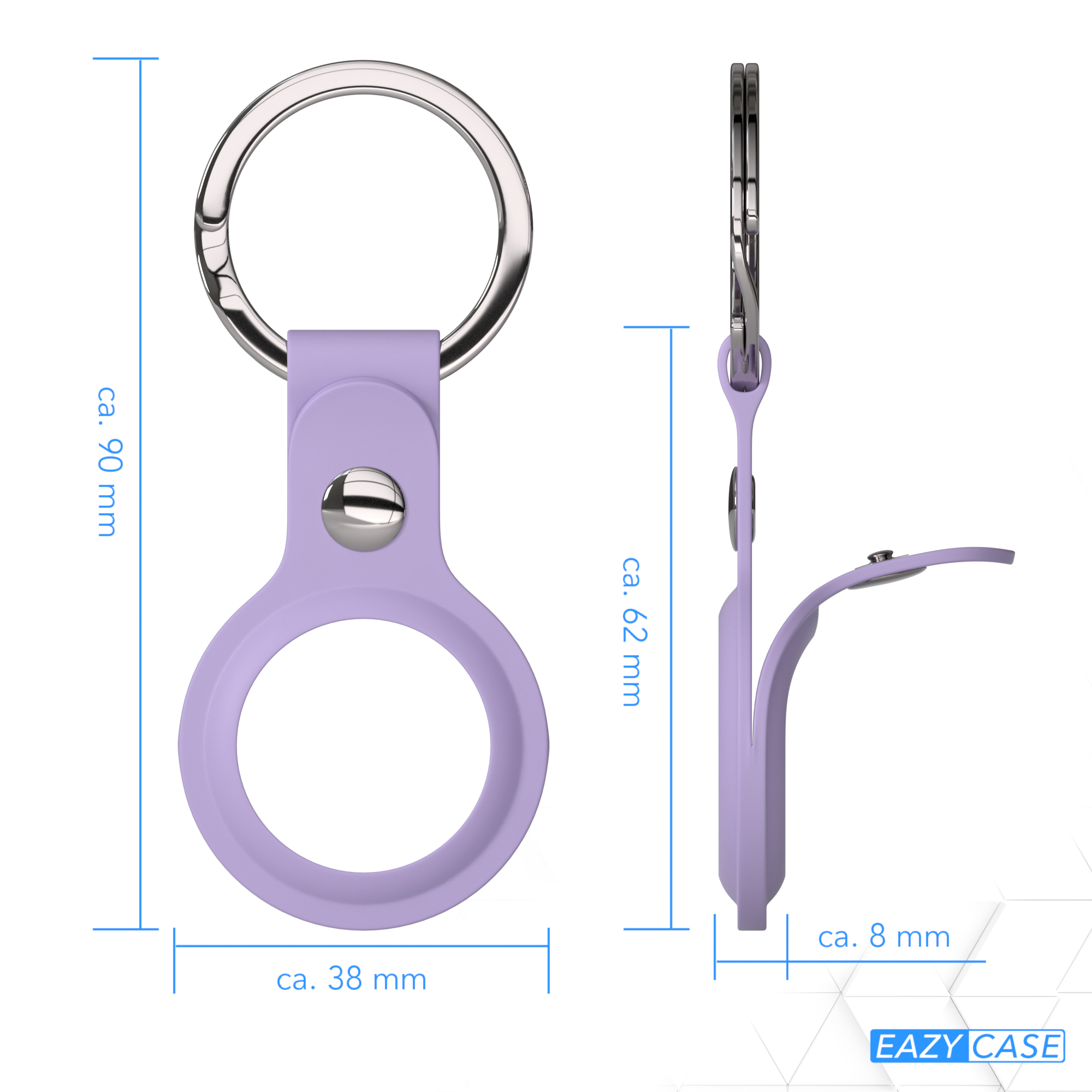 Lilafarbener AirTag-Halter mit silbernem Ring und Maßen in mm. Zum Halten eines AirTags.