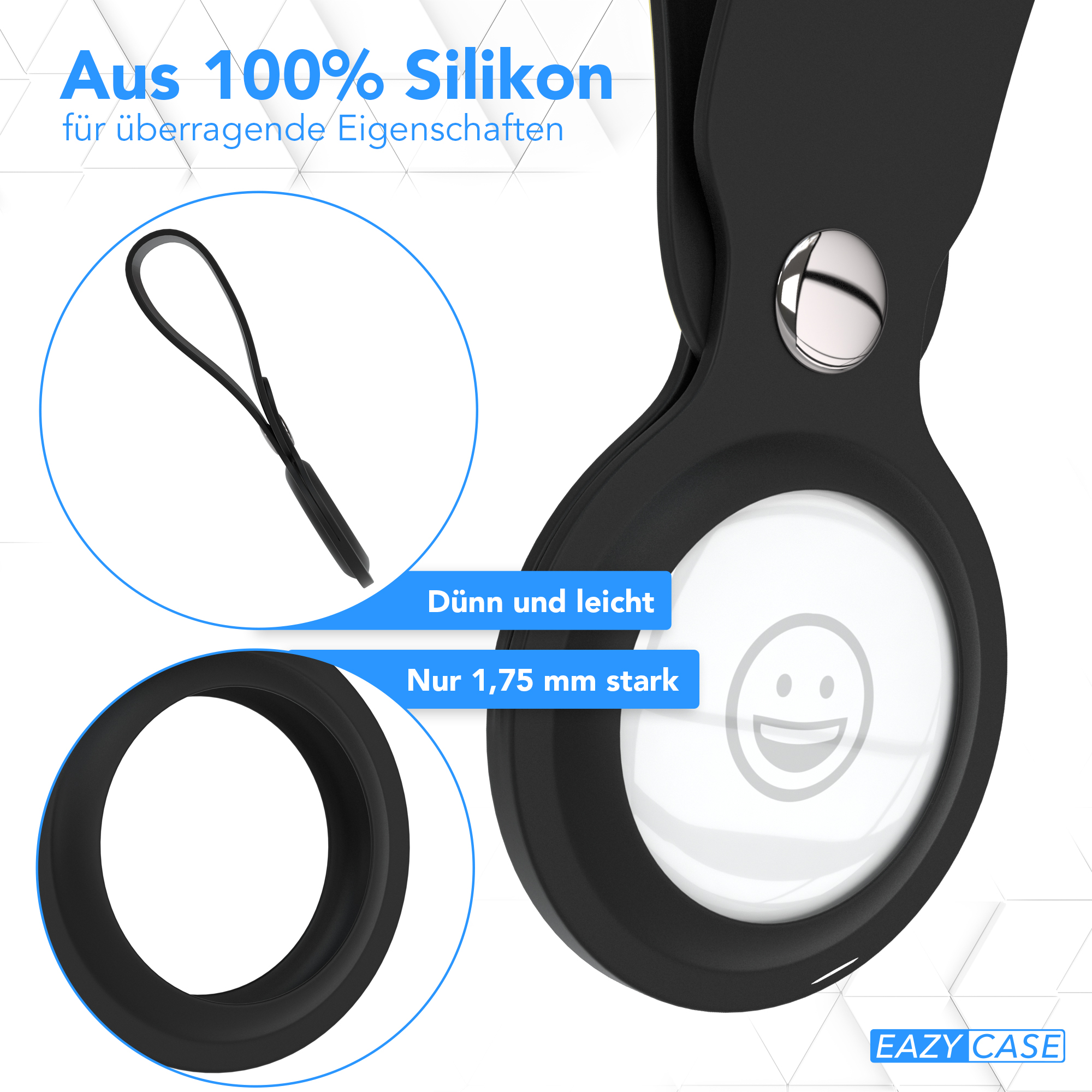 Schwarze AirTag-Hülle. Es hat eine Schlaufe und einen Kreis für das AirTag mit einem Smiley.