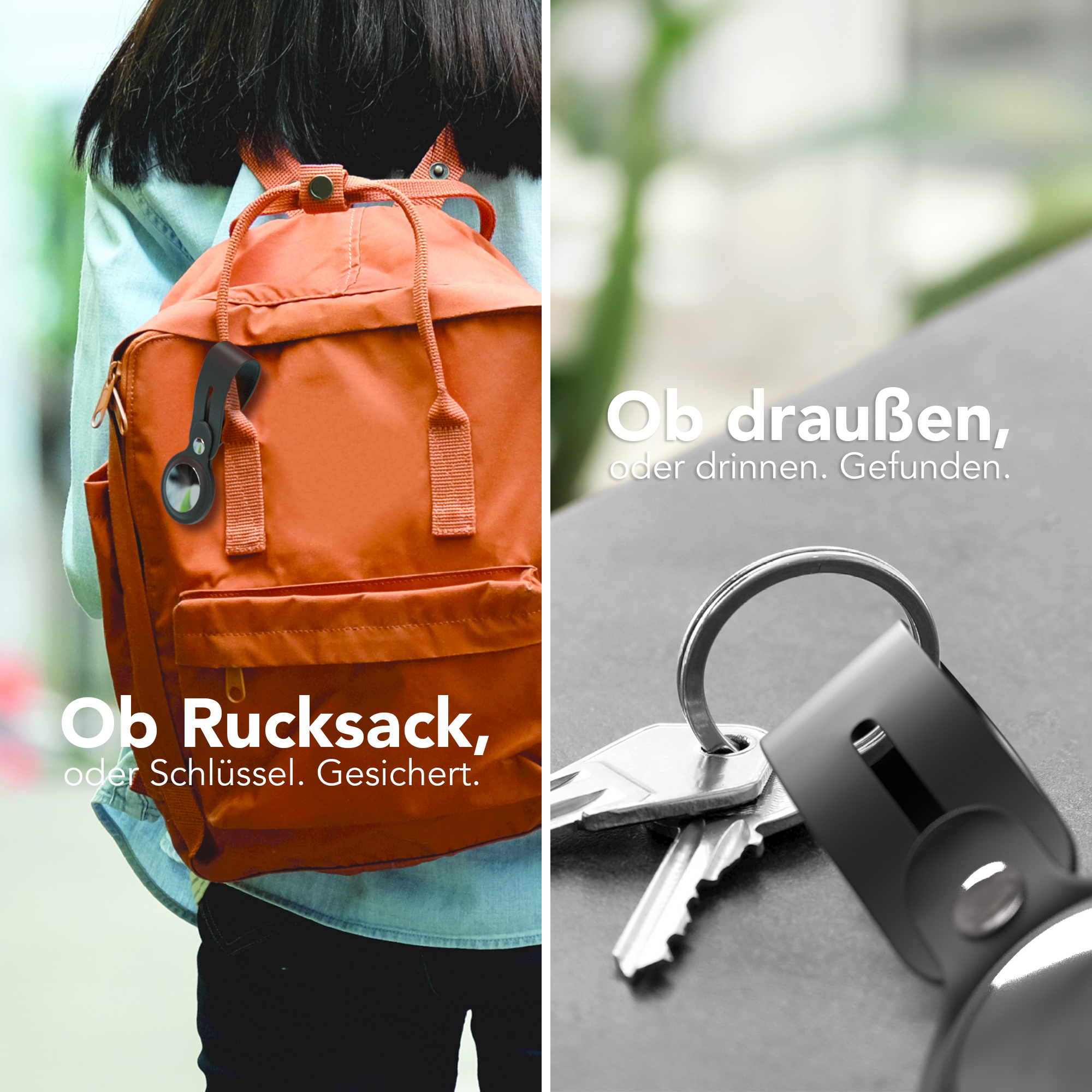 Schwarzer Tracker auf Rucksack und Schlüsseln, Text: 'Ob Rucksack, oder Schlüssel. Gesichert.'