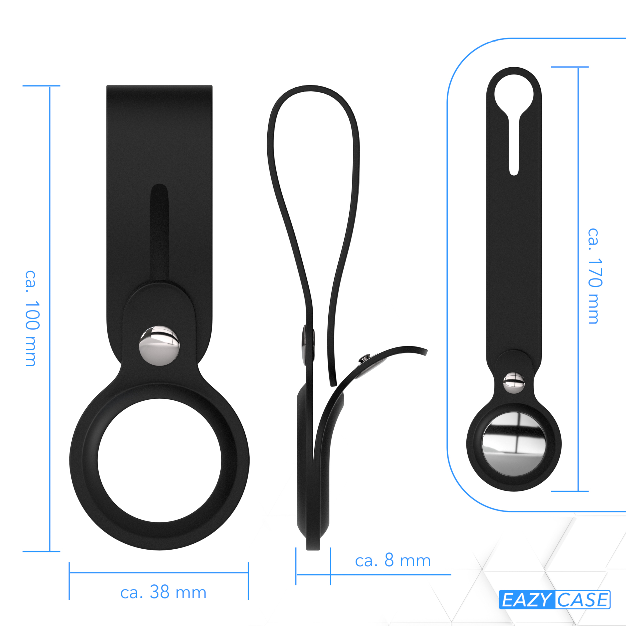 Diagramm eines schwarzen AirTag-Halters mit Maßen, zeigt verschiedene Aspekte und Größen.