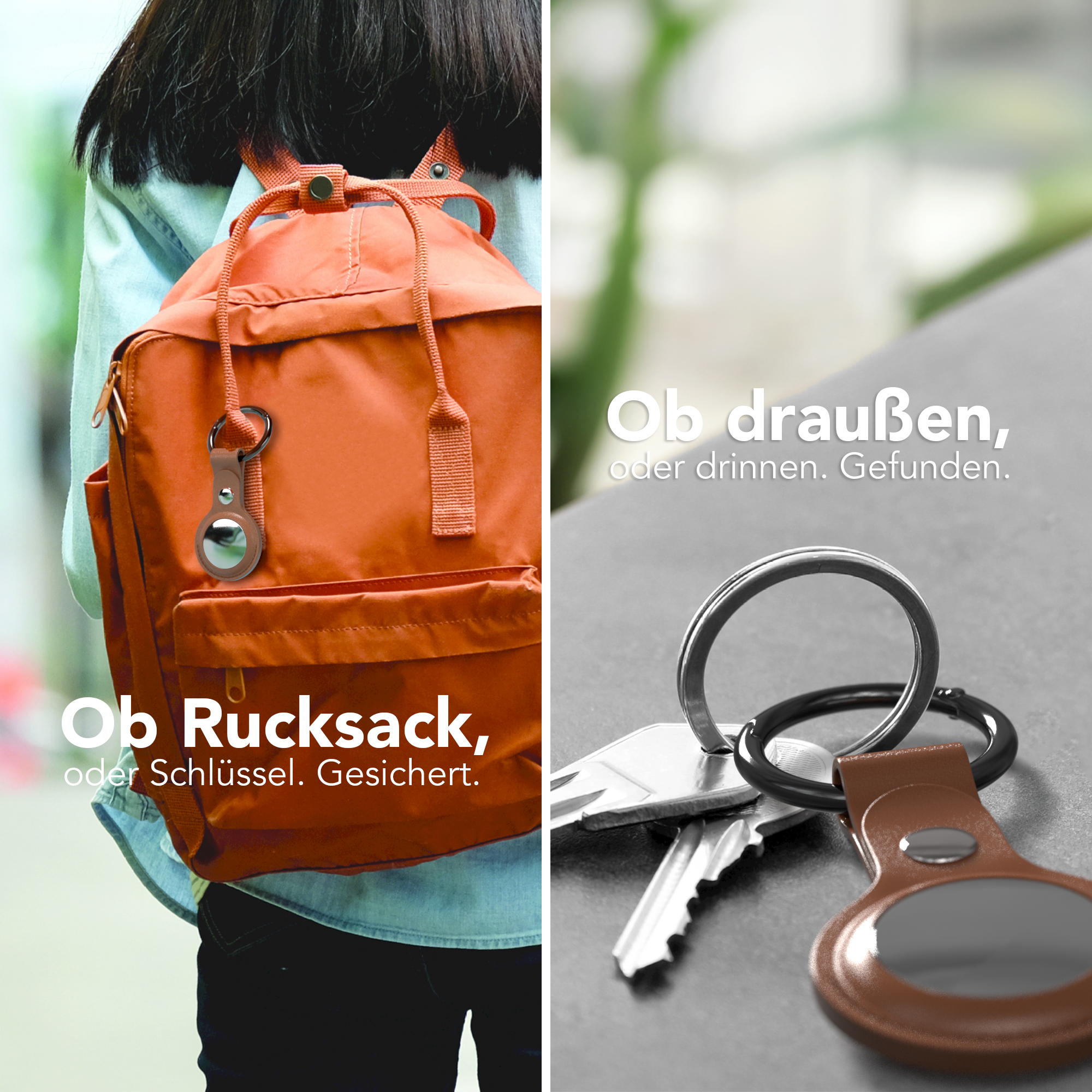 Ein orangefarbener Rucksack mit einem braunen Schlüsselfinder daran befestigt.