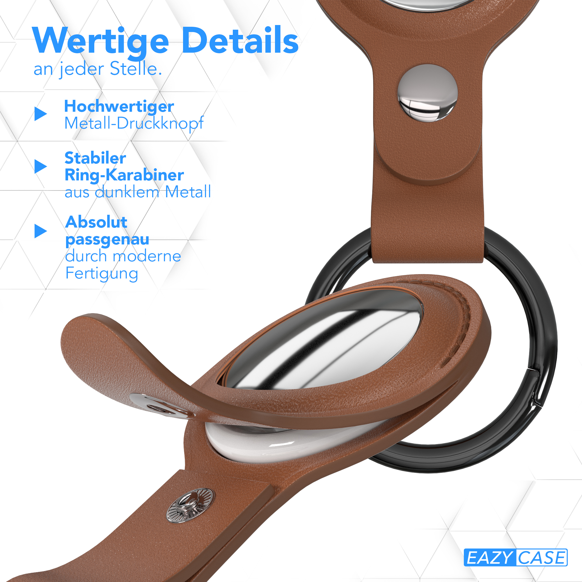 Brauner Leder-AirTag-Halter mit schwarzem Ring. Der Text lautet 'Wertige Details'.