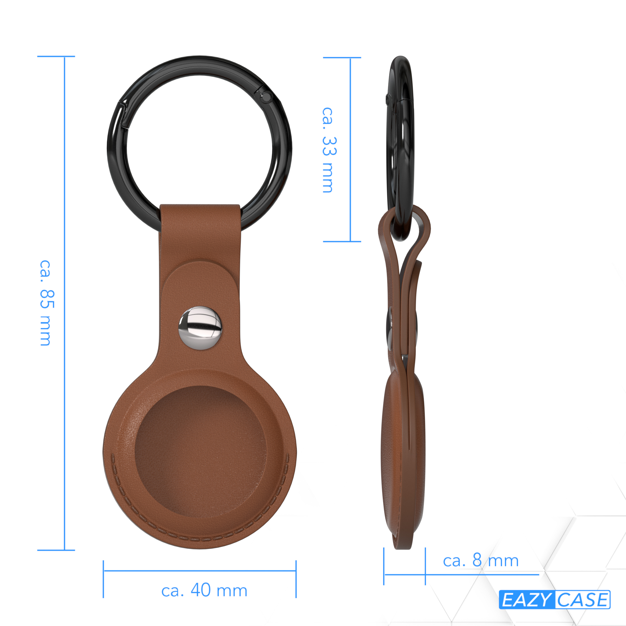 Brauner AirTag-Halter mit schwarzem Karabiner. Abmessungen sind angegeben. Weißer Hintergrund.