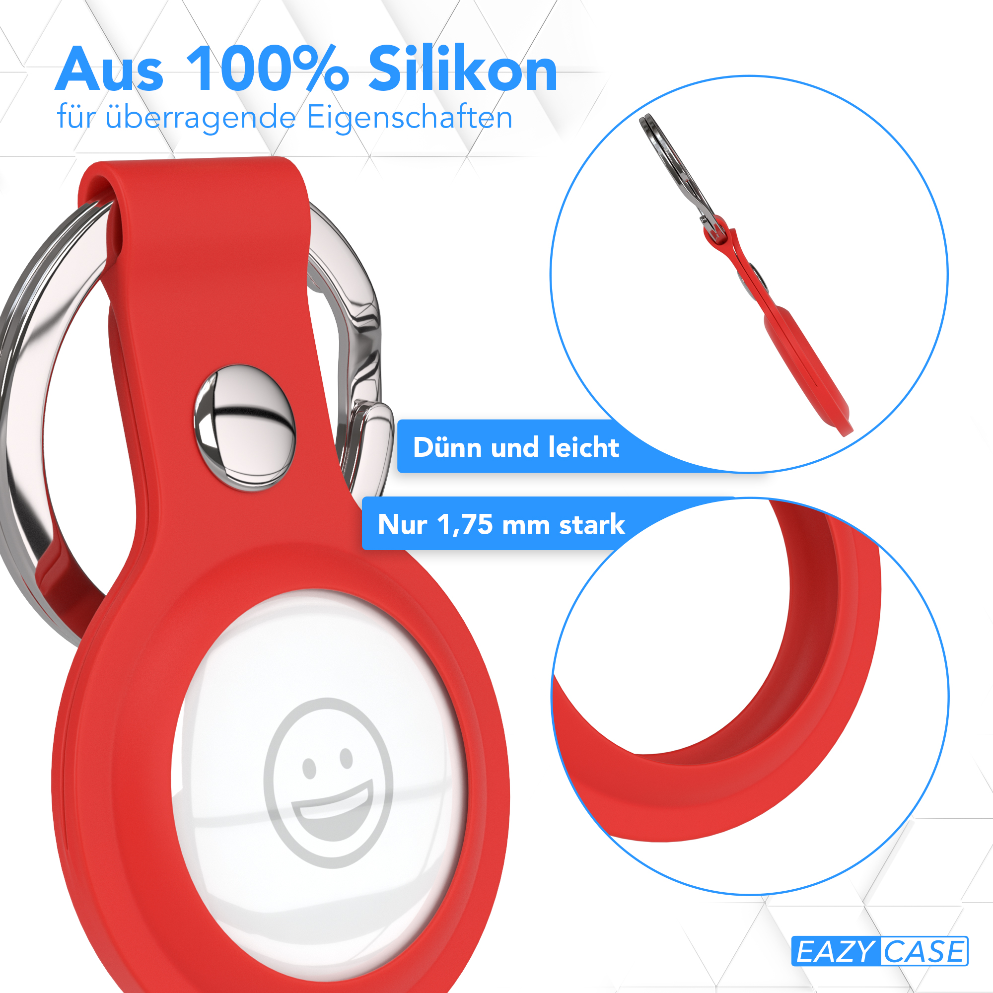 Roter Silikon-AirTag-Halter mit silbernem Ring. Es hat ein weißes Smiley-Gesicht in der Mitte.
