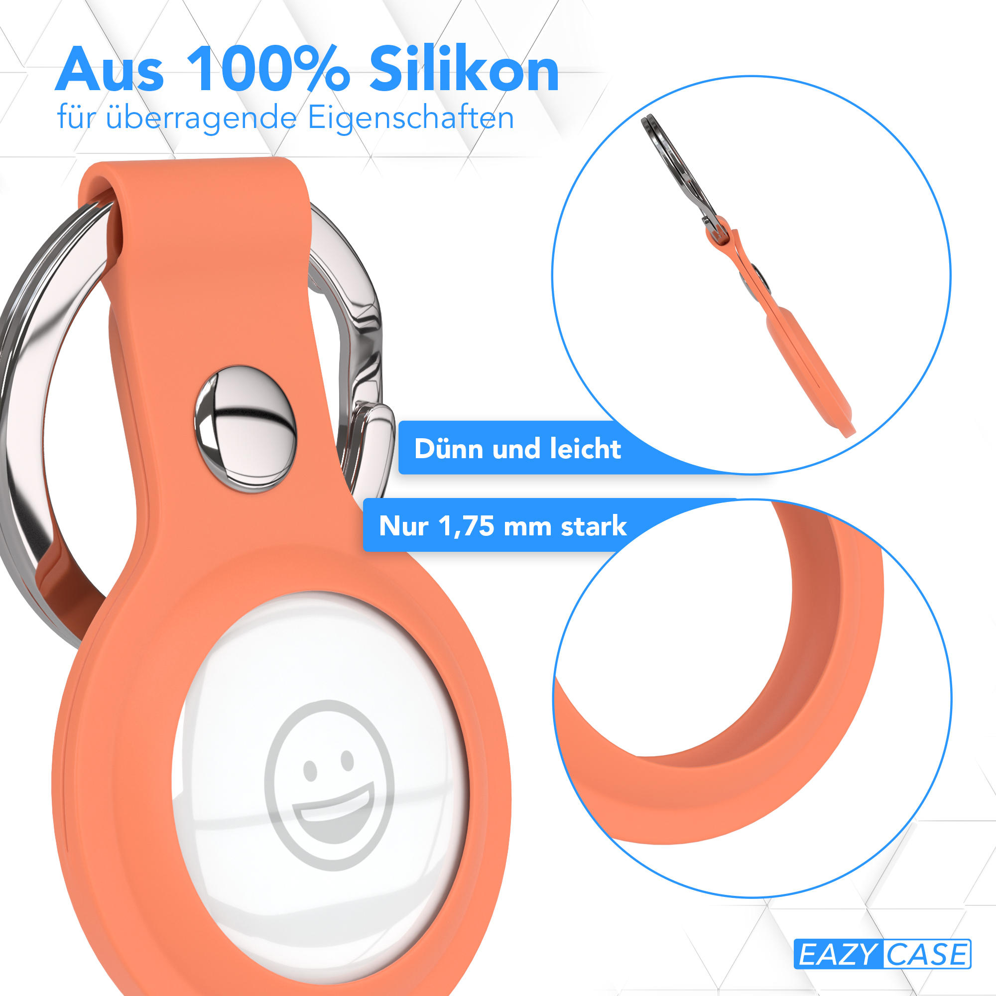 Oranger AirTag-Halter mit weißem Smiley-Gesicht.