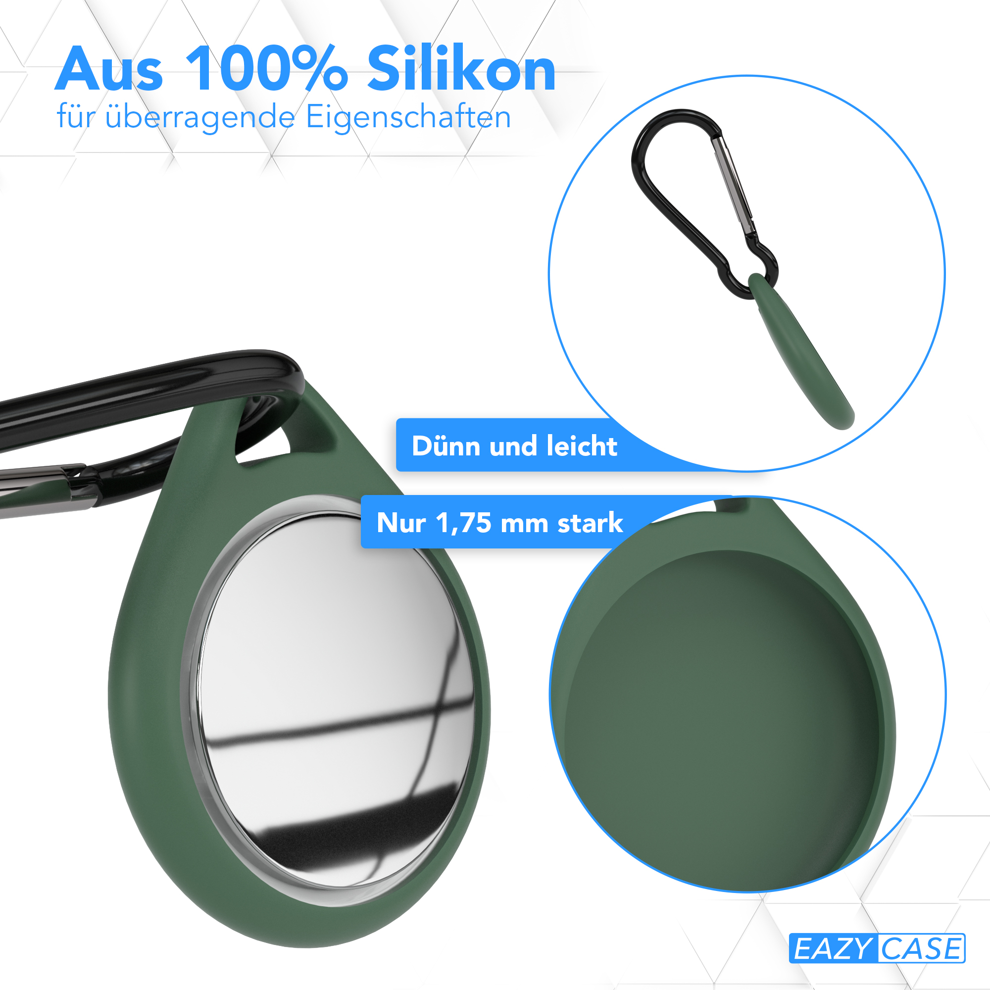 Grünes Silikonetui mit Karabiner und Schlüsselring, schützt rundes Gerät.