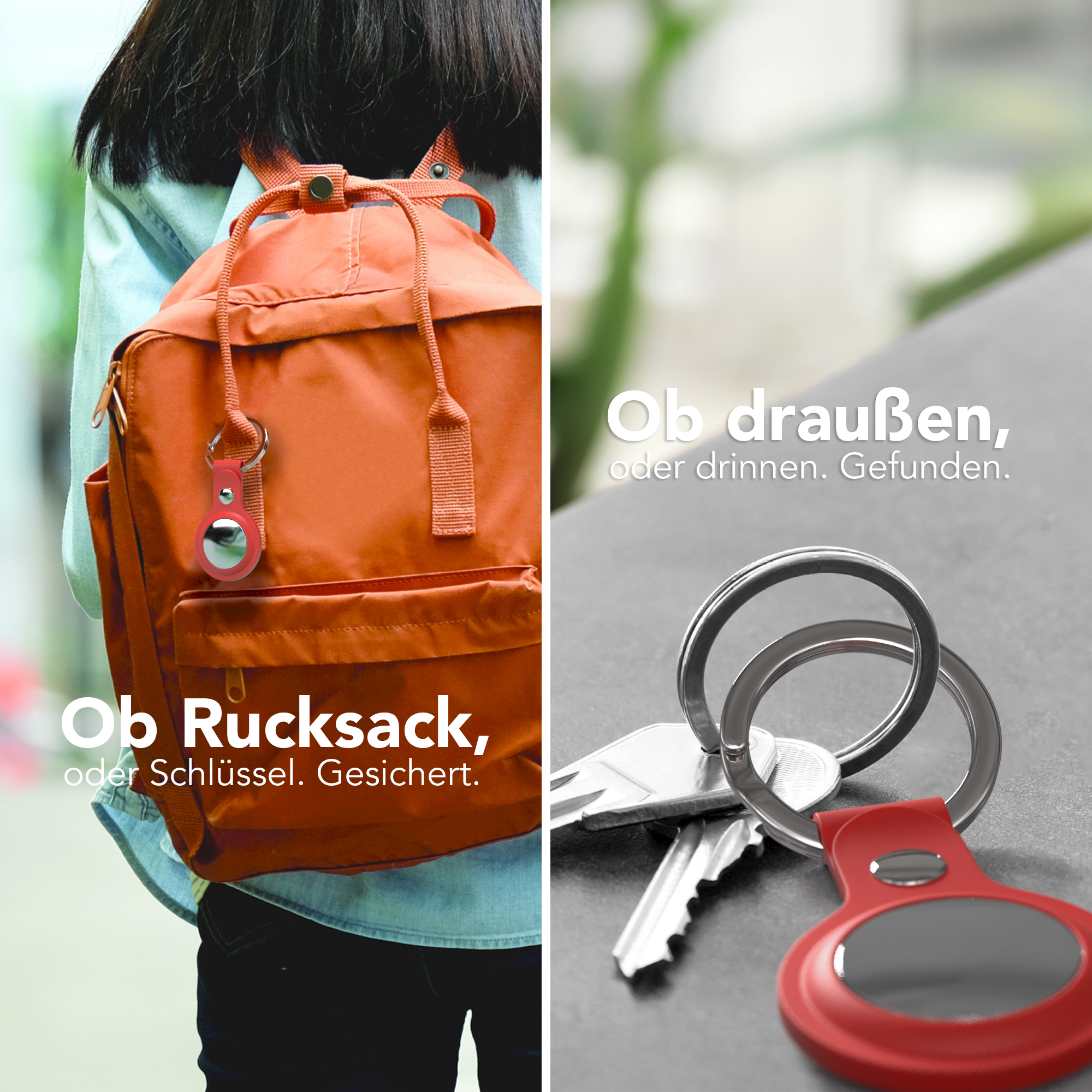 Ein roter Schlüsselanhänger an einem Rucksack und neben Schlüsseln, mit deutschem Text.