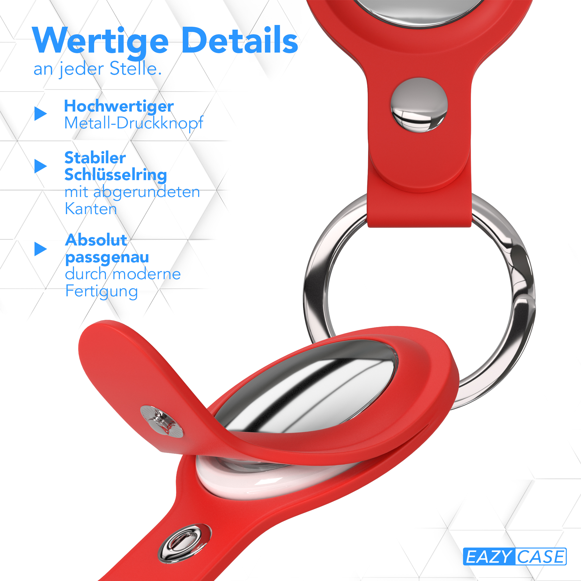 Ein roter Gegenstand mit silbernem Ring, der Qualitätsmerkmale wie Metallknopf und sicheren Schlüsselring hervorhebt.