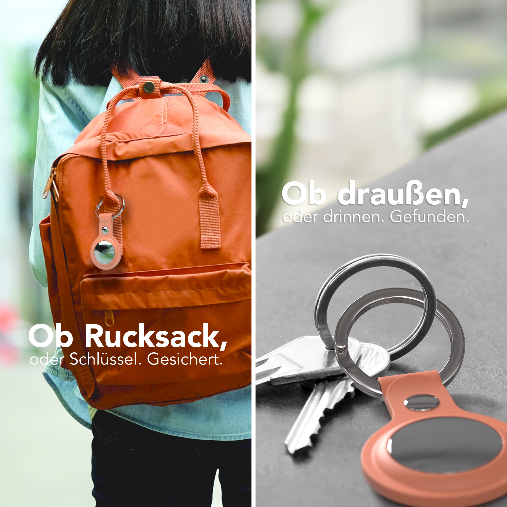 Collage: Rucksack mit Anhänger, Schlüssel mit Anhänger. Text: Gefunden, Gesichert.