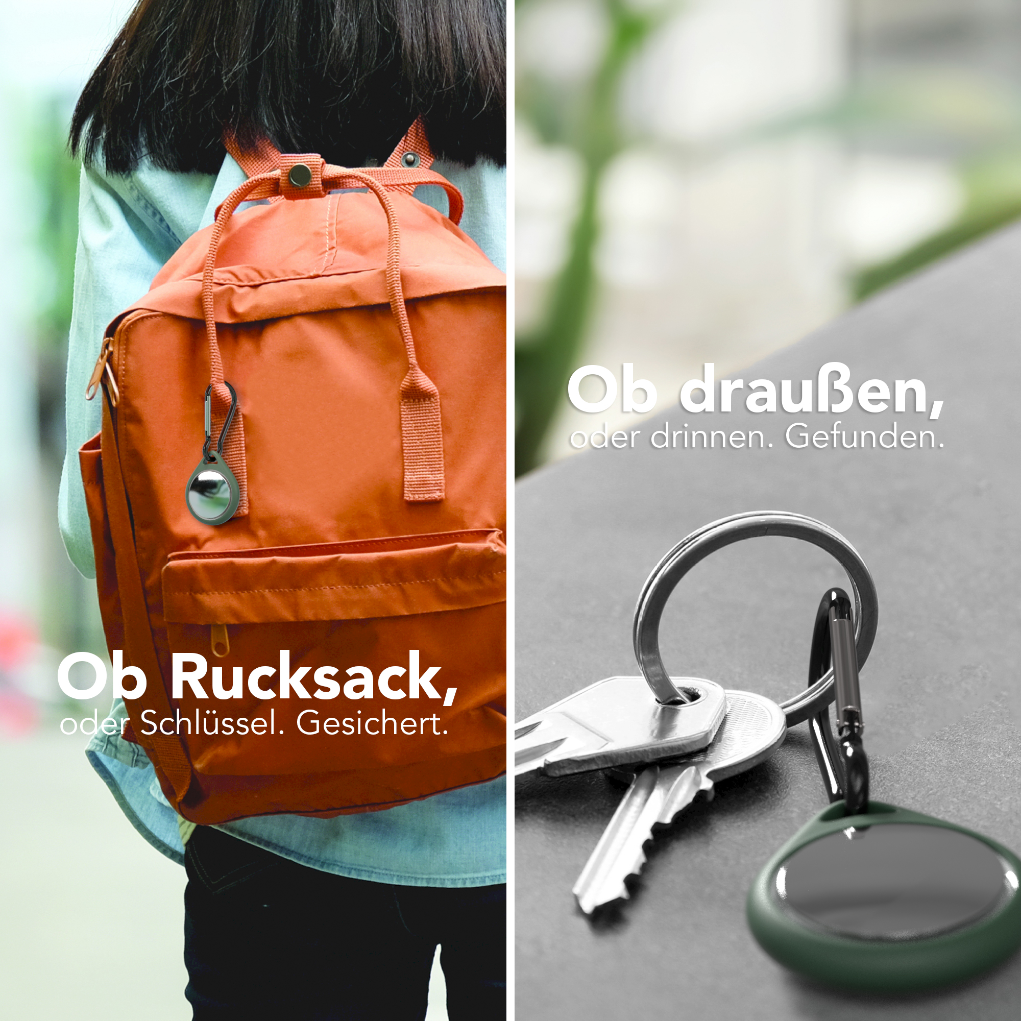 Eine Person mit Rucksack und Schlüsseln mit Anhänger, die die Verwendung im Innen- und Außenbereich hervorhebt.