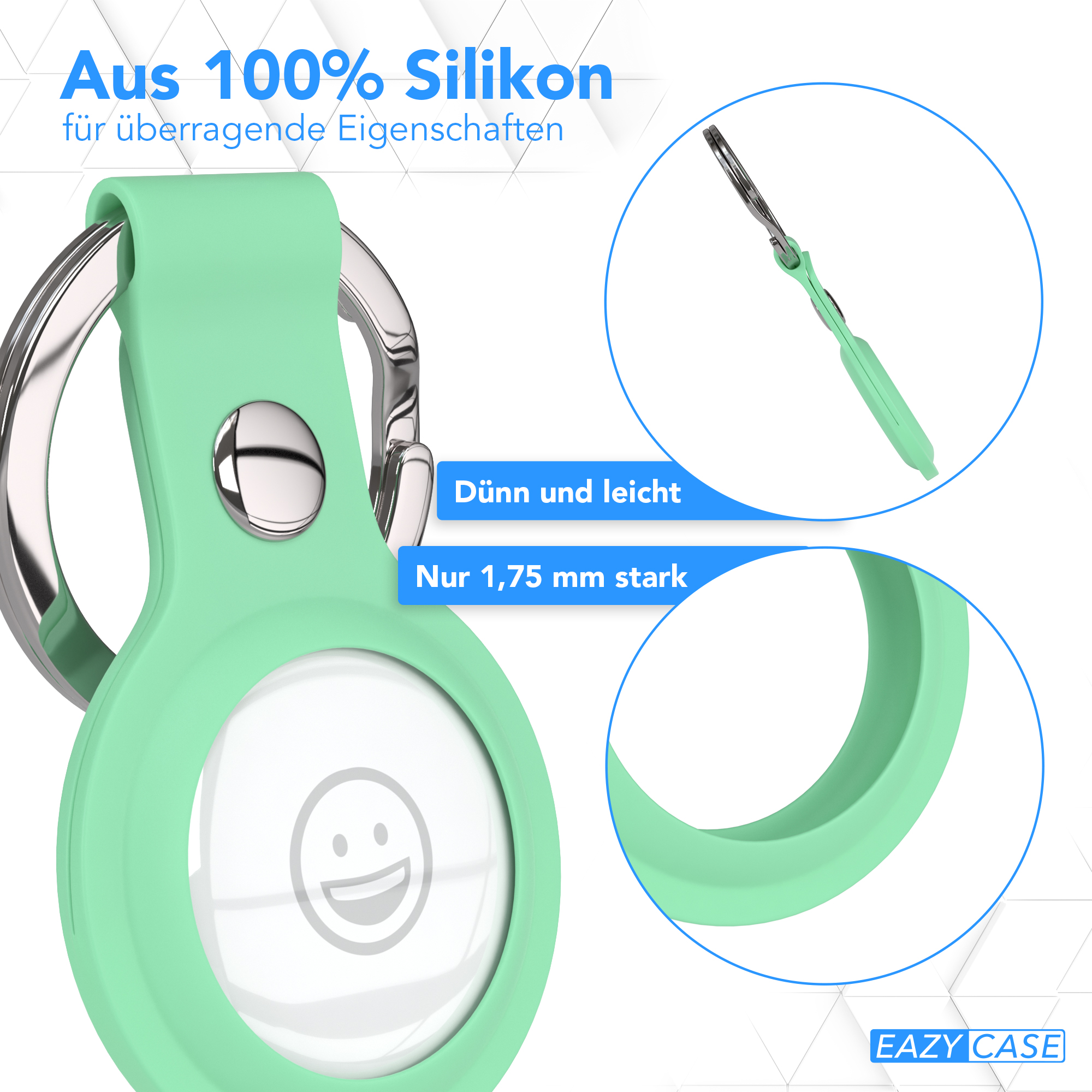 Eine mintgrüne Silikonhülle mit Metallring und weißem AirTag.