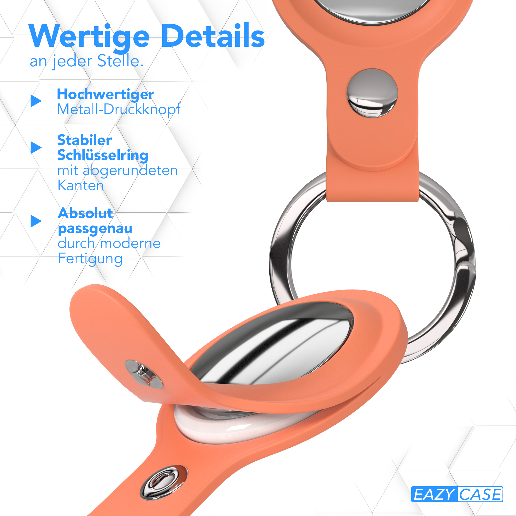 Nahaufnahme eines orangefarbenen AirTag-Halters mit Schlüsselring und Knopf.