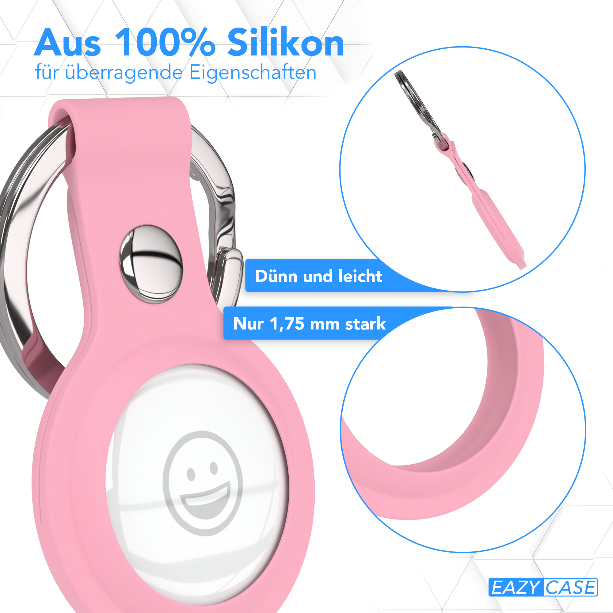 Rosa AirTag-Hülle mit Silberring. Details zeigen Dicke und ein Smiley-Gesicht.