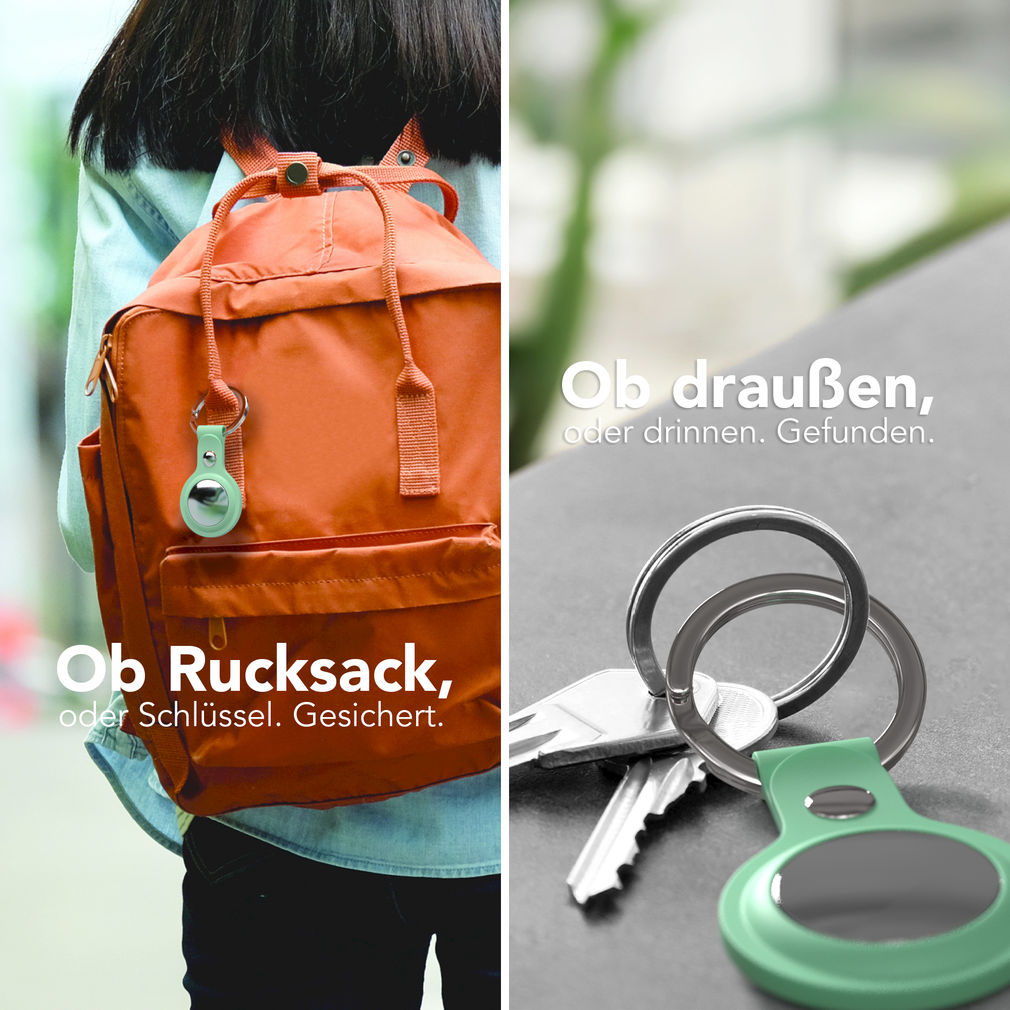 Zwei Bilder: Schlüsselanhänger und Rucksack mit Tracker, sowie Schlüssel. Text auf Deutsch.