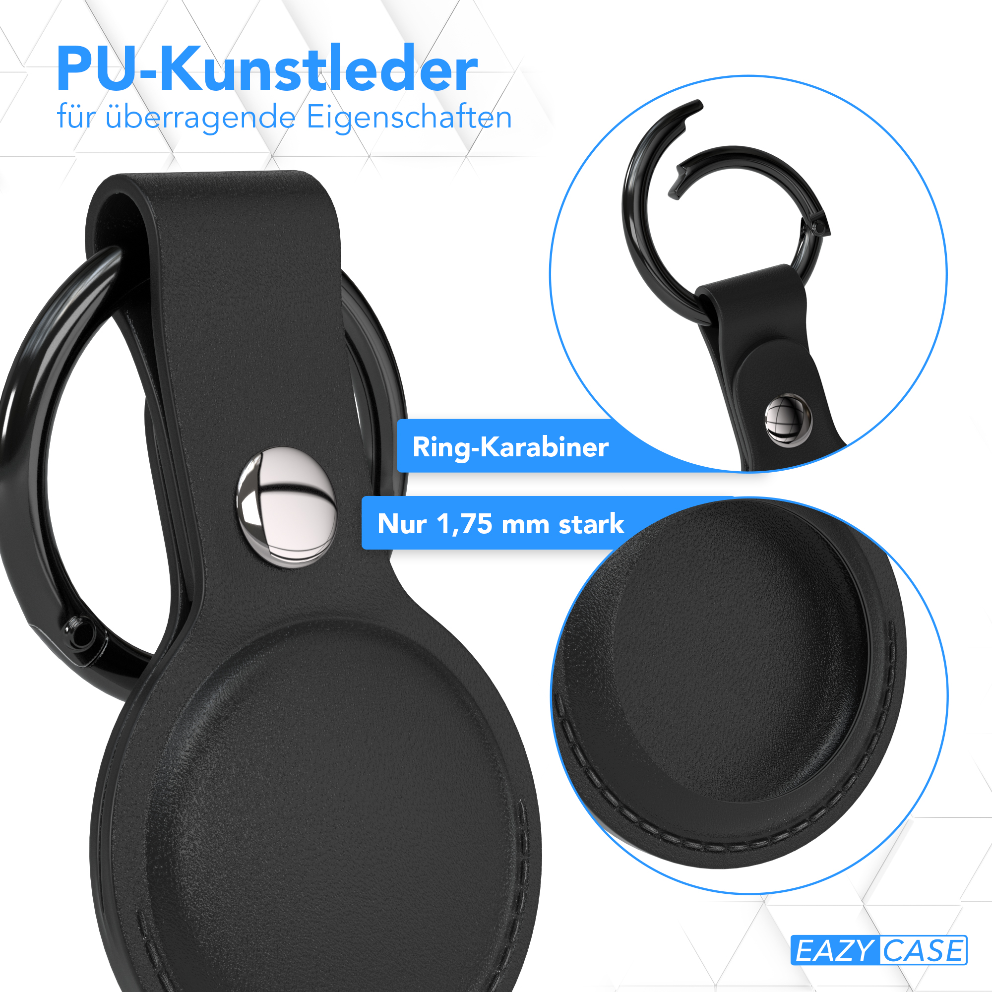 Schwarzer AirTag-Halter mit Karabiner und Textdetails: PU-Leder, Ring-Karabiner, 1,75 mm dick.