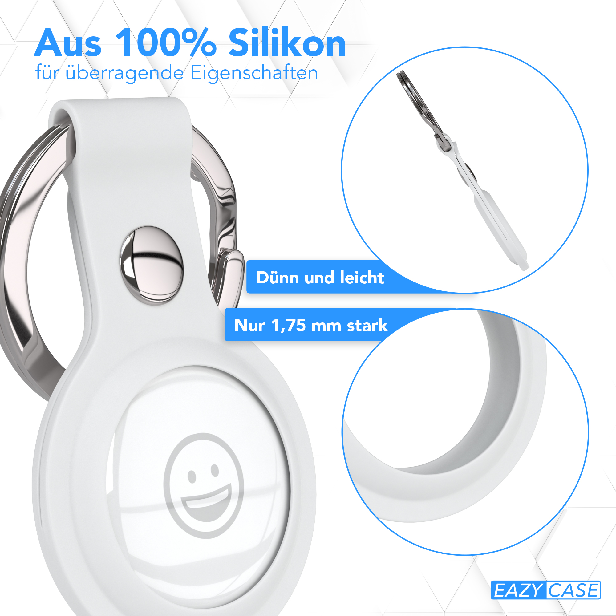 Ein weißer AirTag-Halter mit Smiley-Gesicht, der Produktdetails und einen Schlüsselring zeigt.
