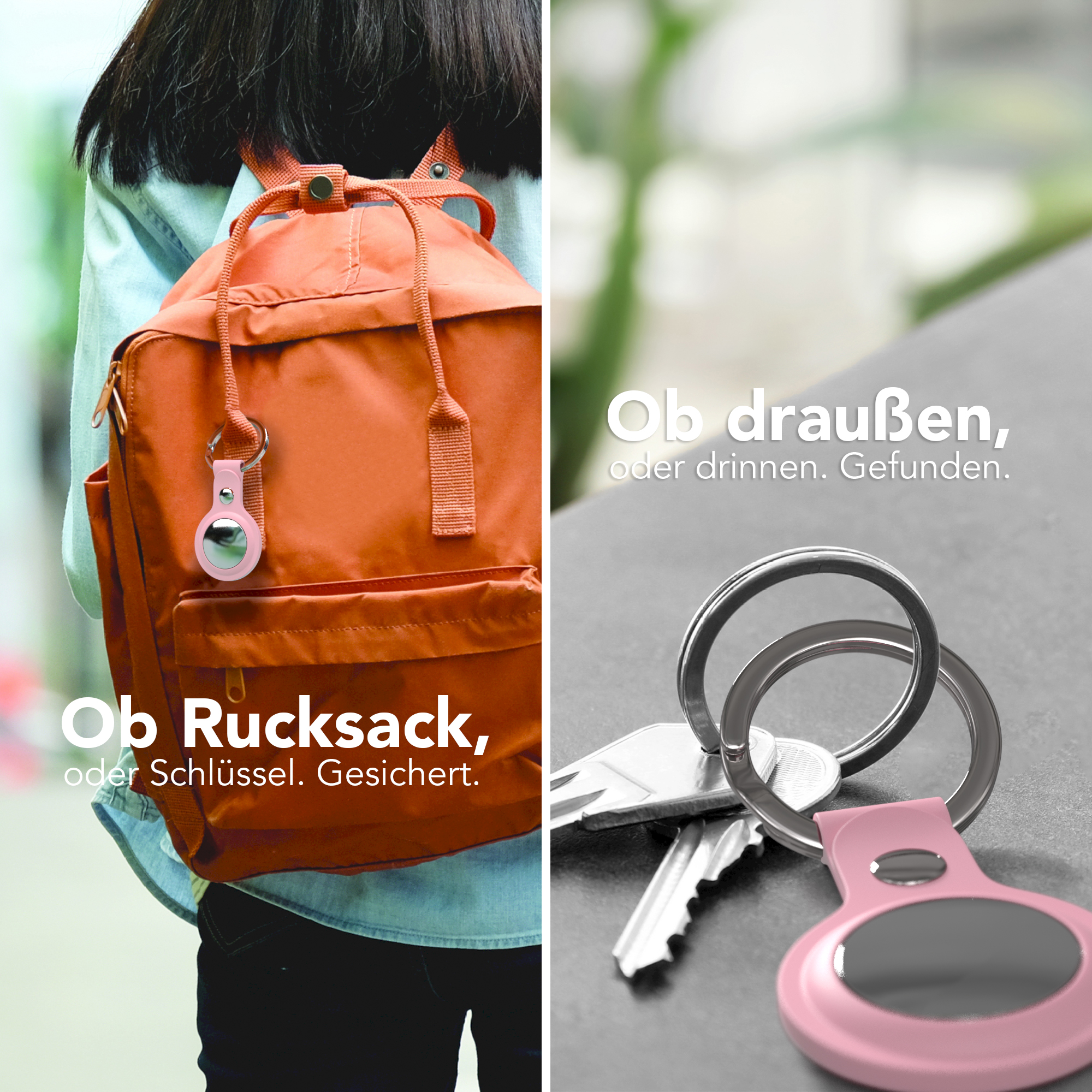 Ein pinkfarbener AirTag-Halter an einem Rucksack und Schlüsseln. Vor einer Tür.