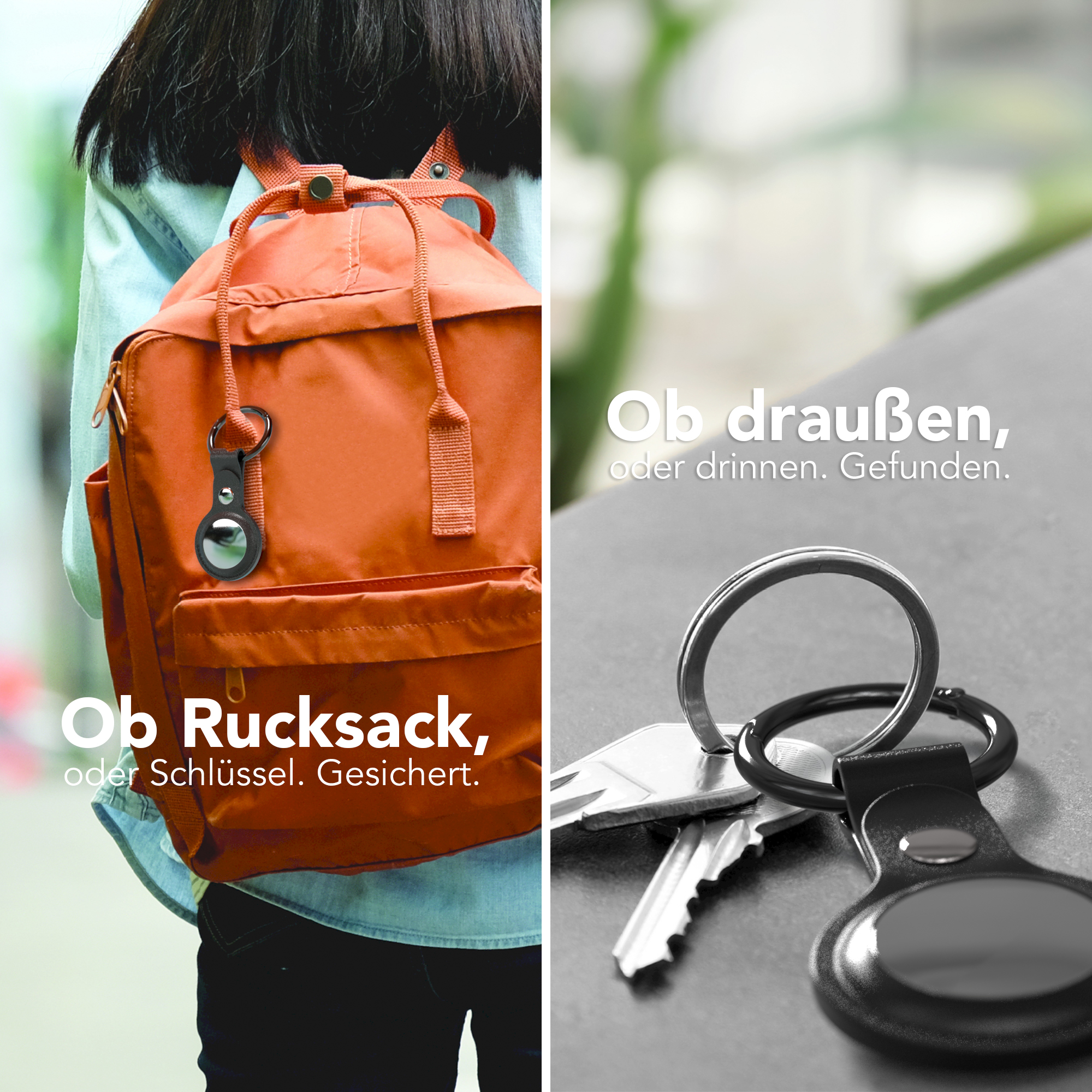 Oranger Rucksack mit schwarzem Anhänger. Schlüssel an einem Ring.