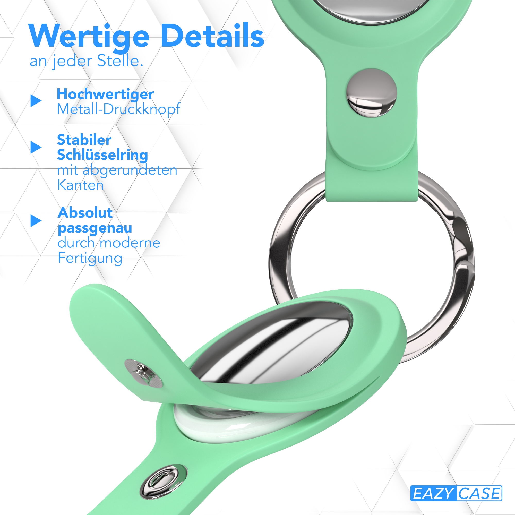Ein hellgrüner AirTag-Halter. Er hat einen Schlüsselring und einen Knopf zum Öffnen.