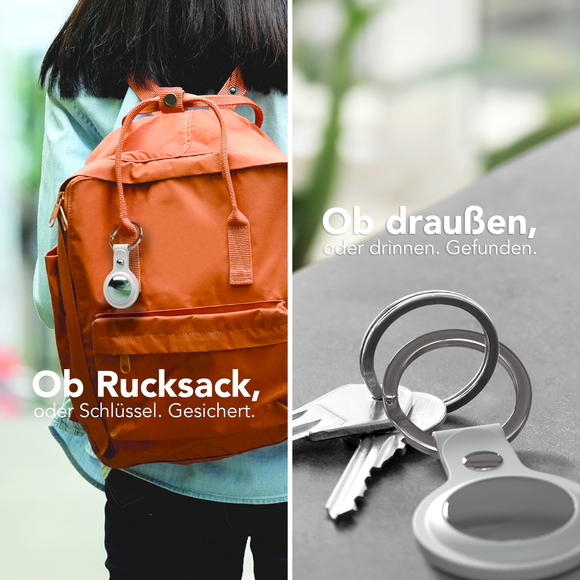 Oranger Rucksack mit weißem Anhänger. Schlüssel an einem Ring.