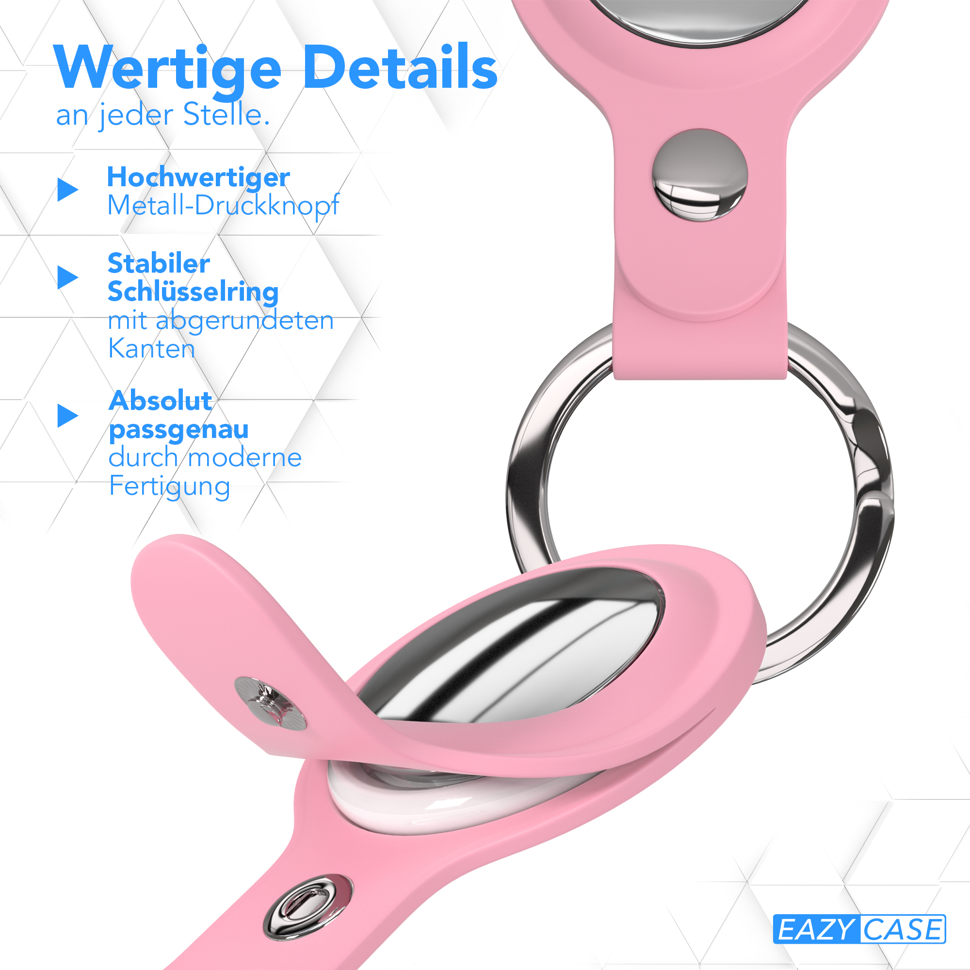 Ein rosa AirTag-Halter mit einem silbernen Ring.