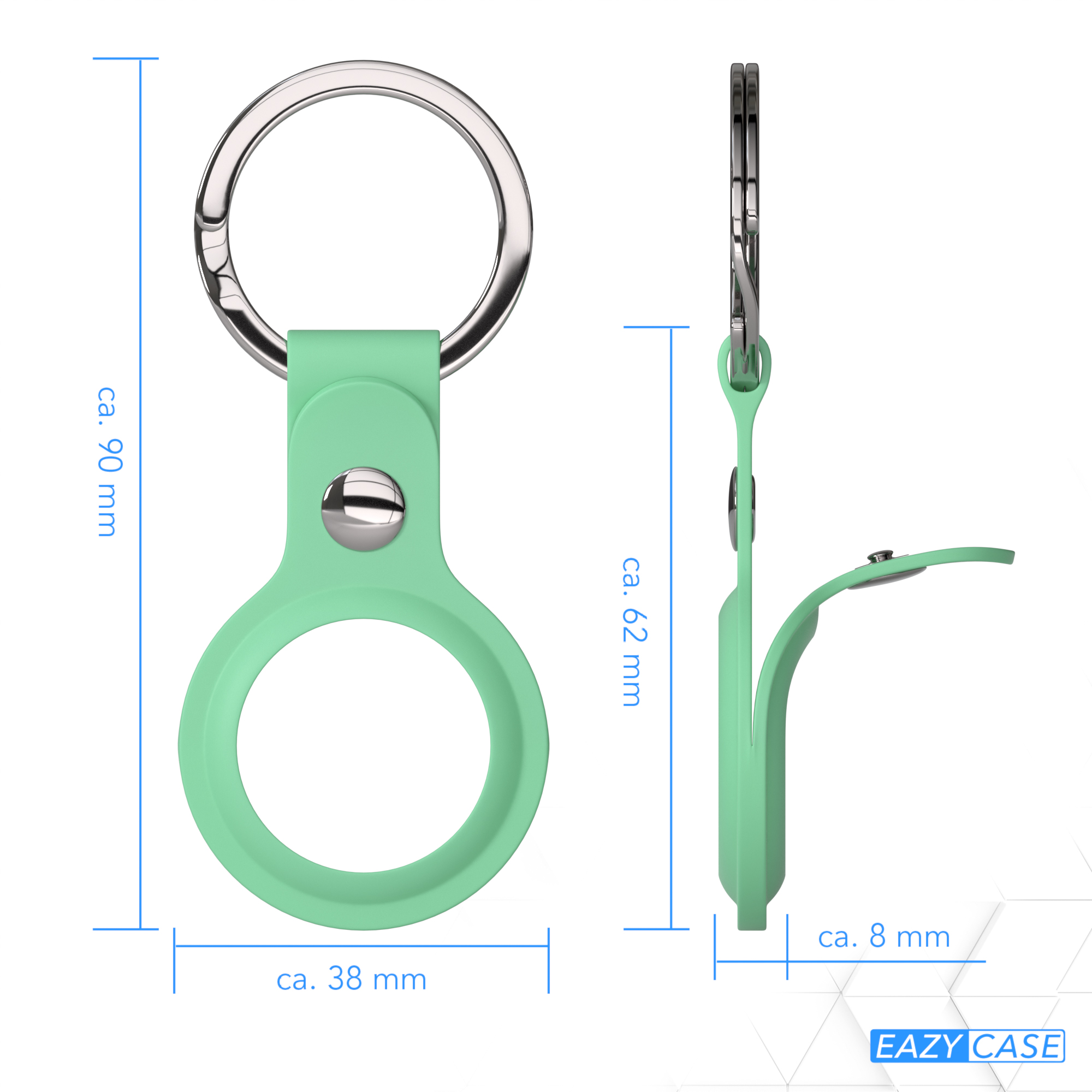 Ein mintgrüner AirTag-Halter mit Abmessungen.