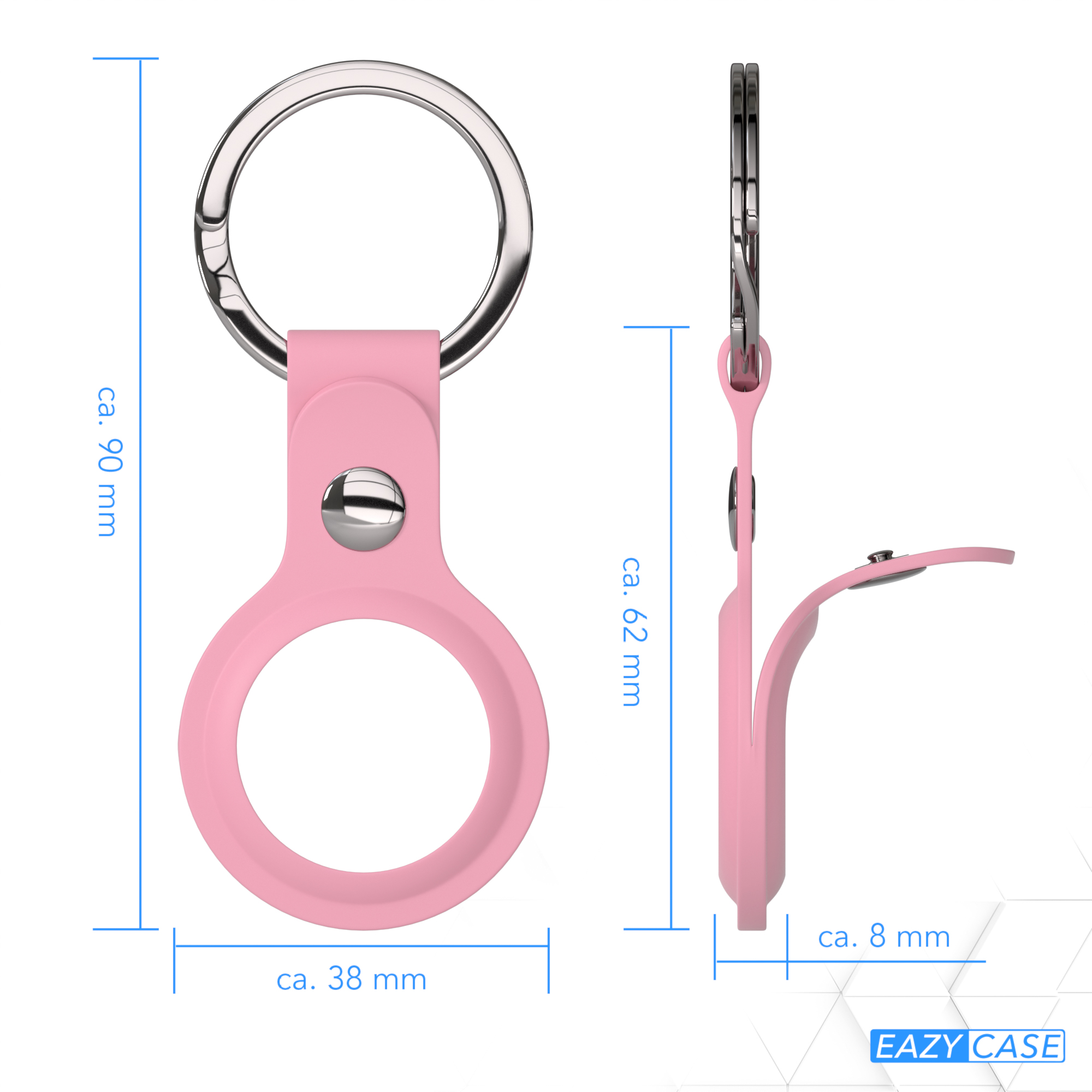 Rosa AirTag-Halter in zwei Ansichten. Inklusive Schlüsselanhänger.