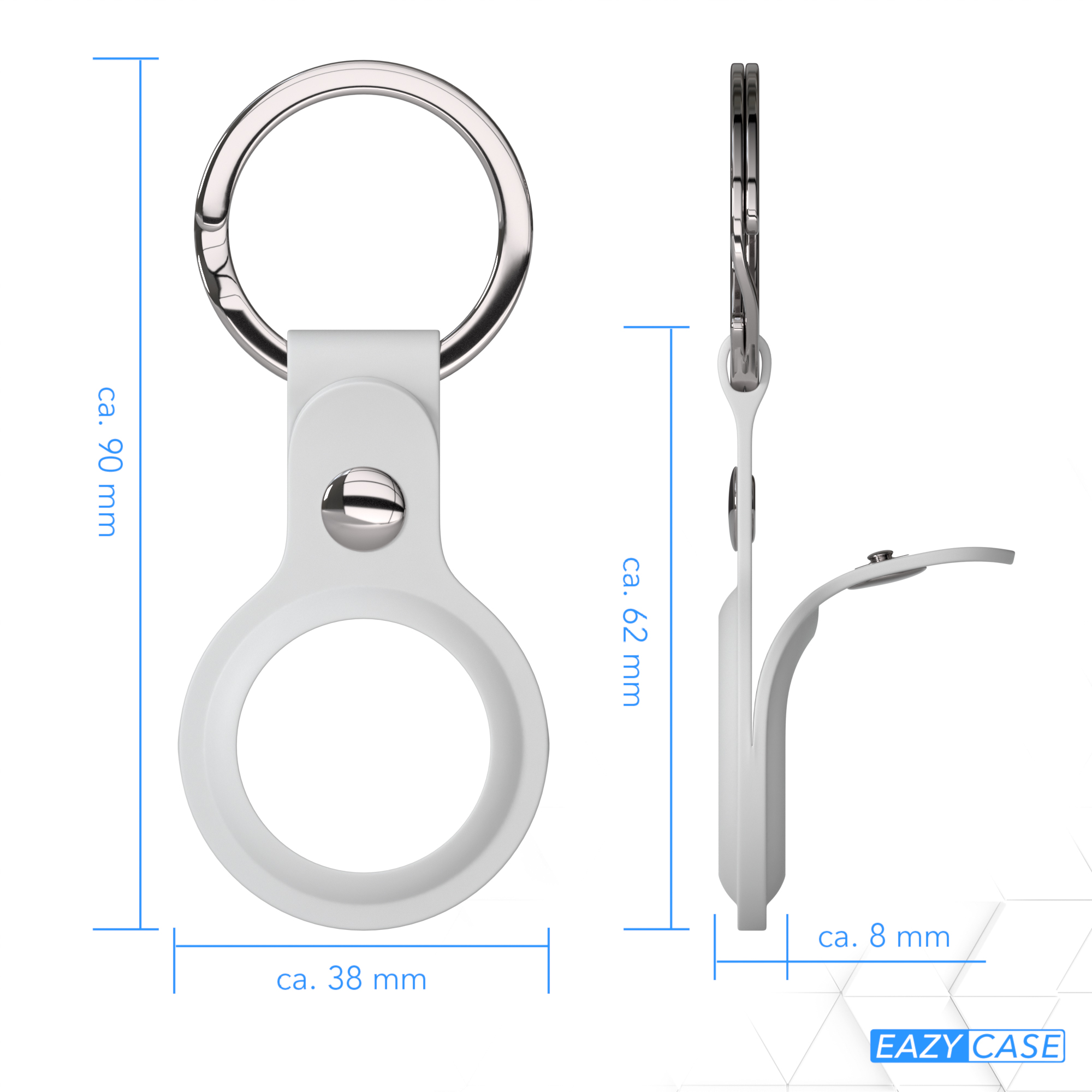 Weißer AirTag-Halter mit Abmessungen in mm, mit Schlüsselring.