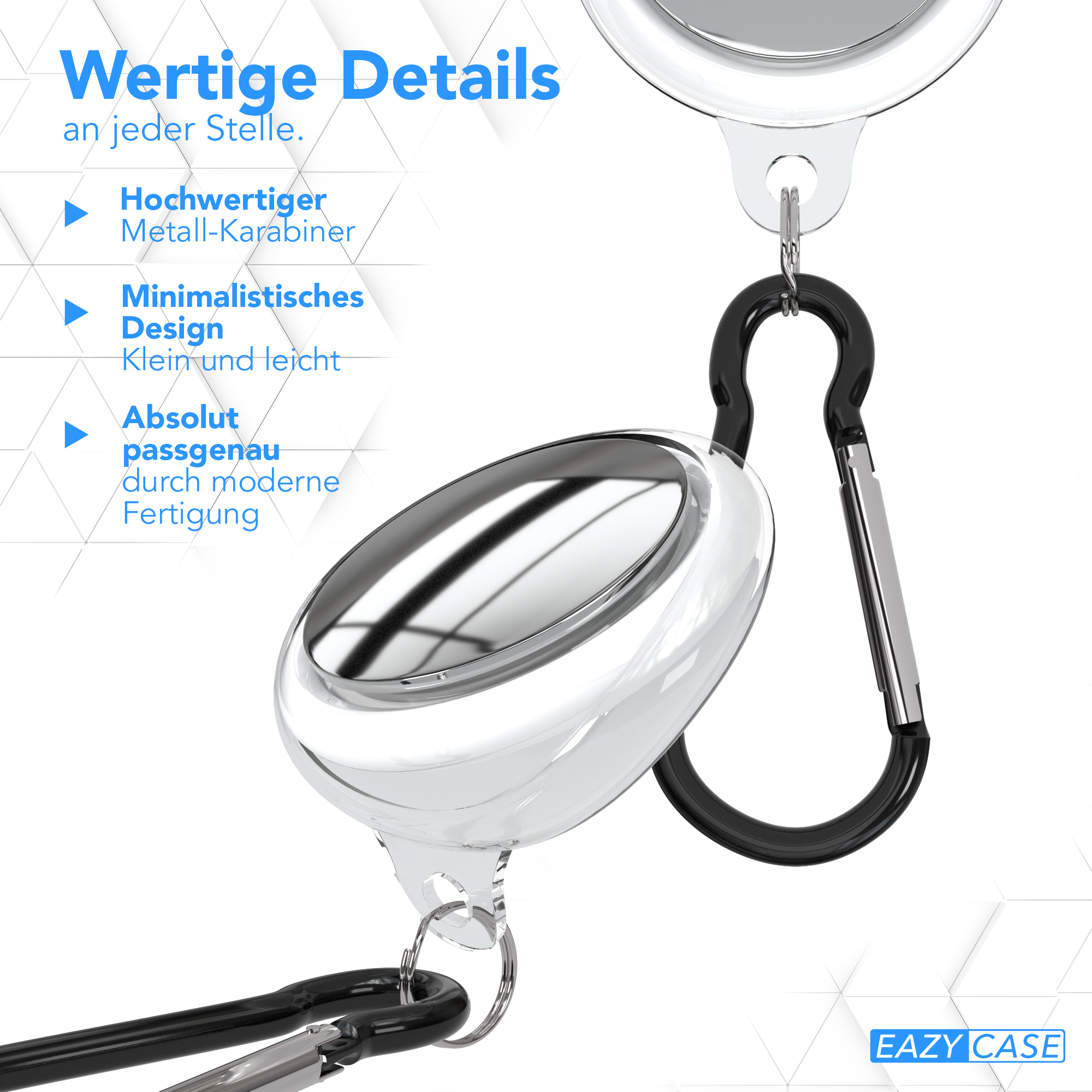 Weißes und silbernes AirTag-Case mit einem schwarzen Karabinerhaken. Details werden vor blauem Hintergrund hervorgehoben.
