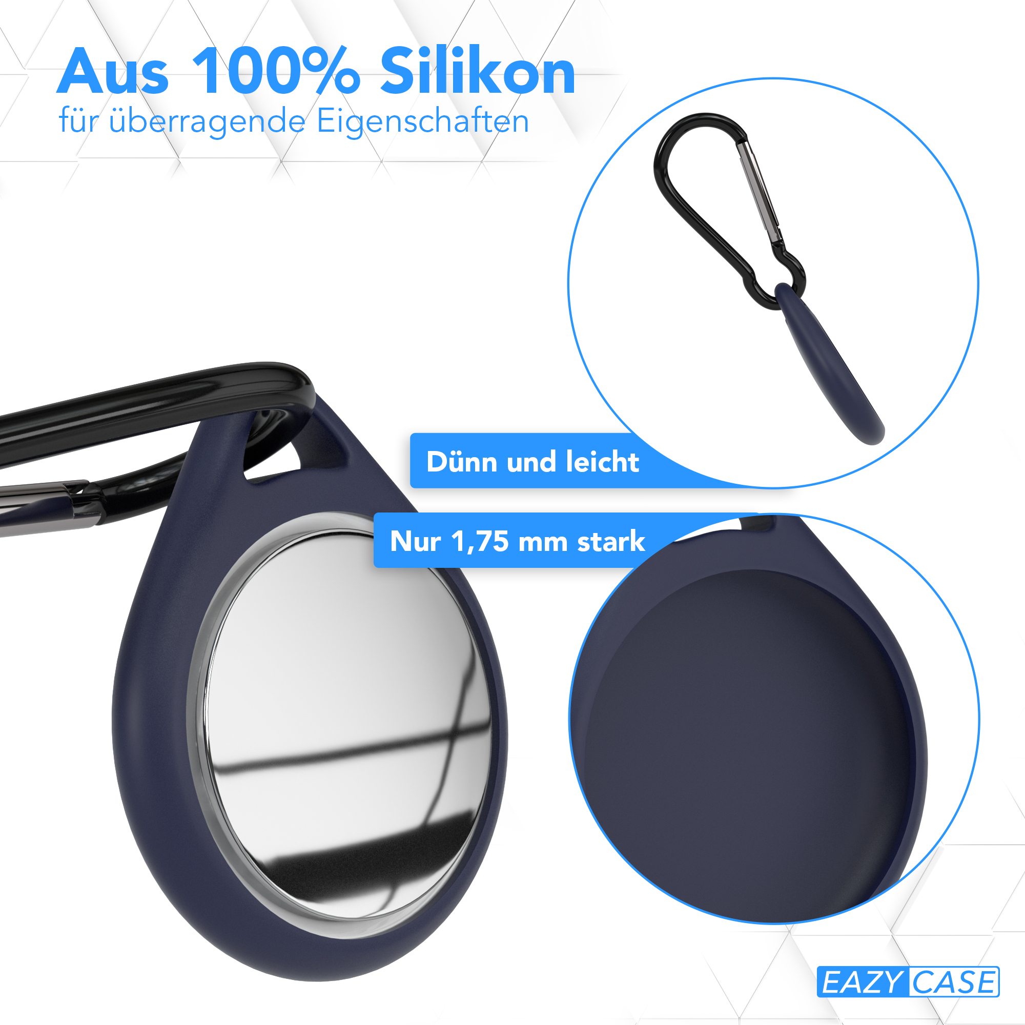 Ein dunkelblaues kreisförmiges Gehäuse mit einem silbernen Karabiner. Das Gehäuse scheint weich zu sein.