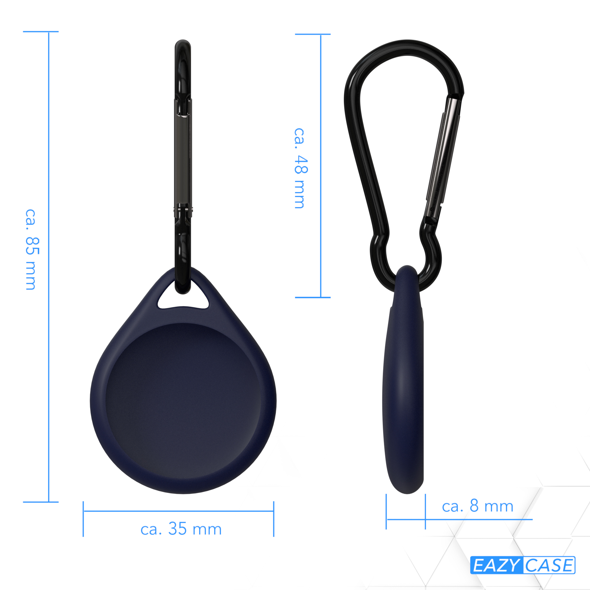 Zwei Ansichten eines dunkelblauen kreisförmigen Anhängers mit einem schwarzen Karabiner.