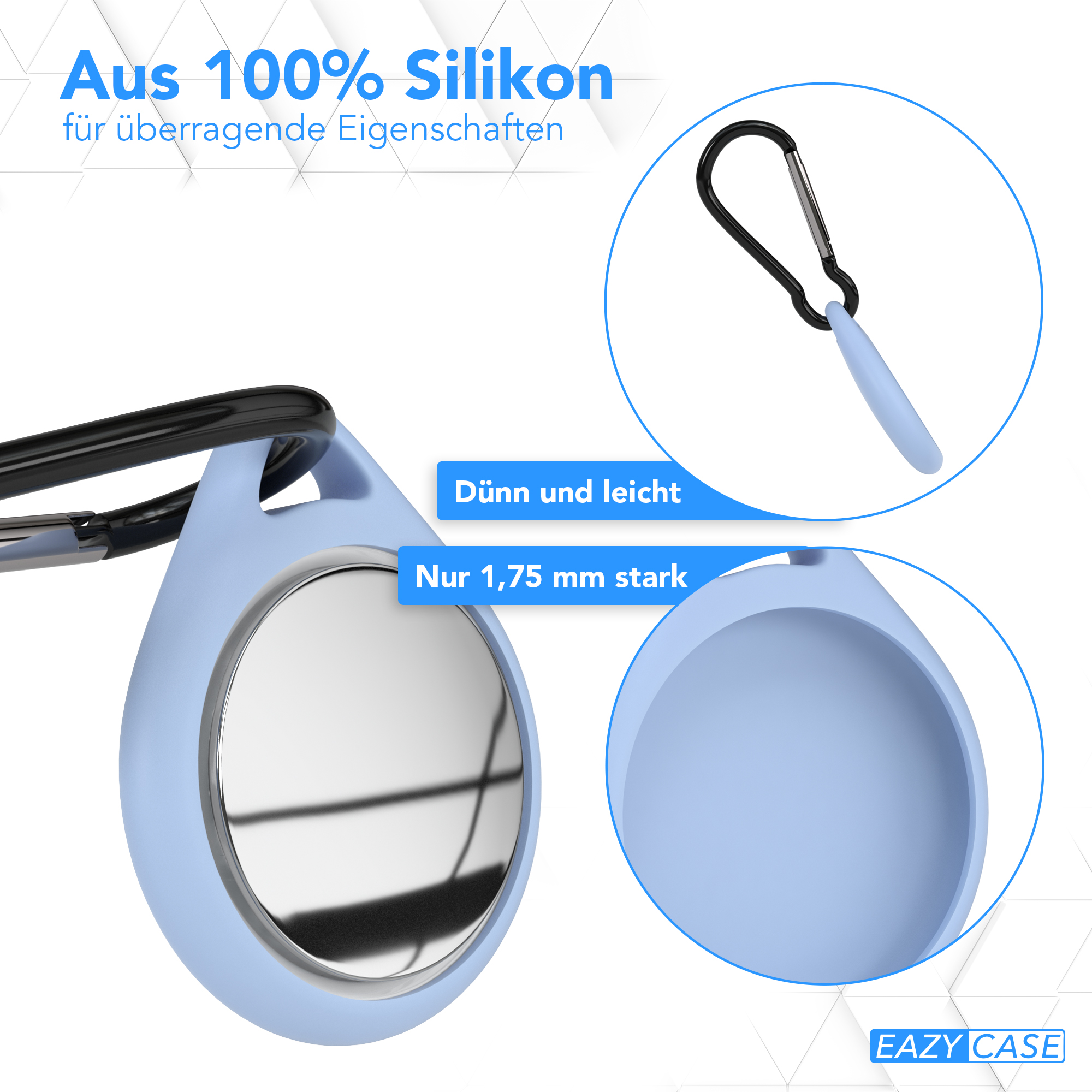 Blaue Hülle mit silbernem Kreis und Karabinerhaken. Details sind 'dünn und leicht'.