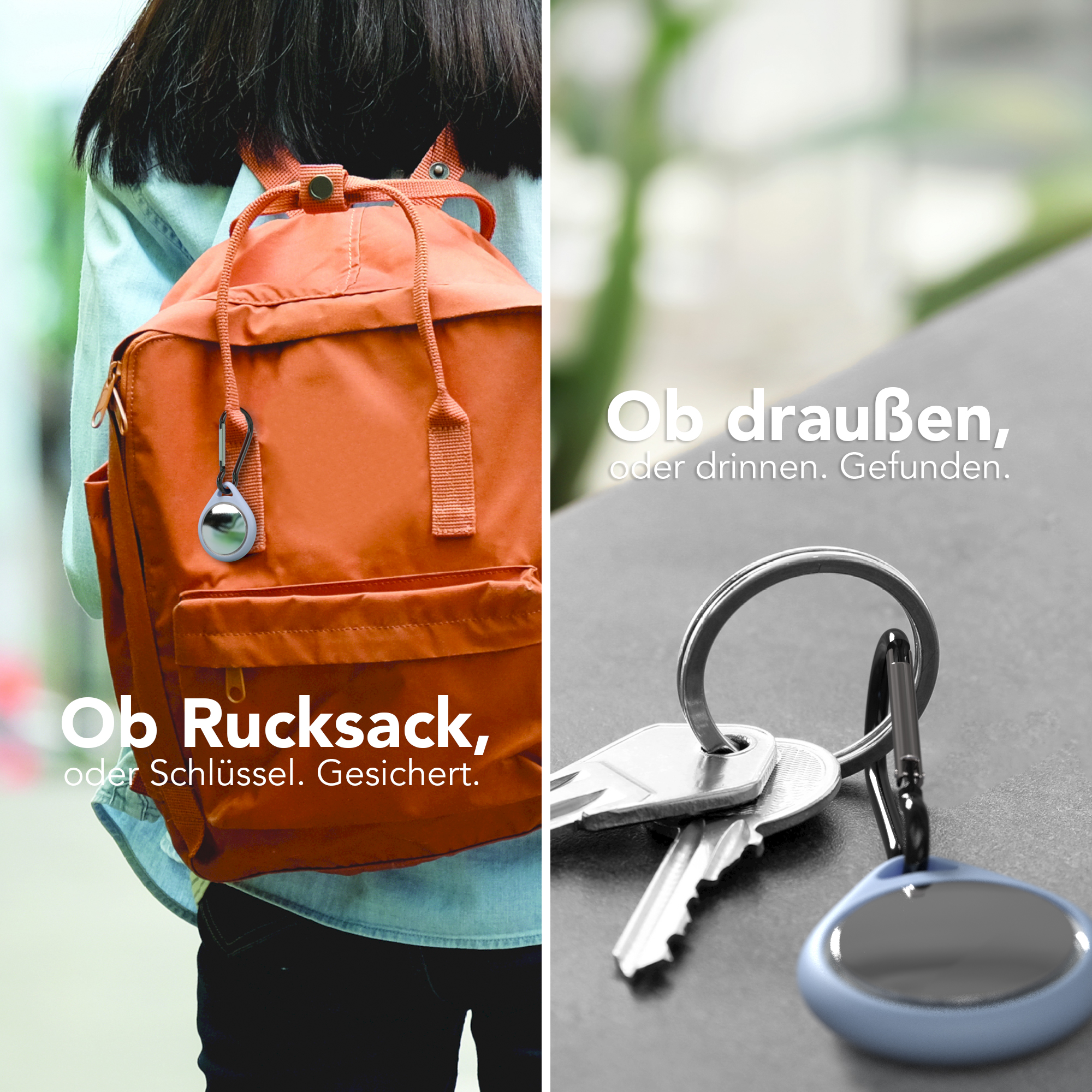 Eine Person mit Rucksack und Schlüsseln mit einem blauen Ortungsgerät, das die Ortung bewirbt.