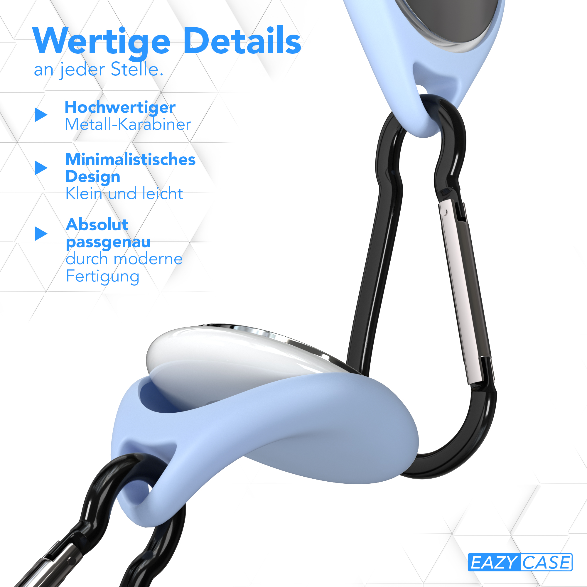 Ein hellblaues Zubehör mit Karabiner und weißem Detail, mit Textdetails.