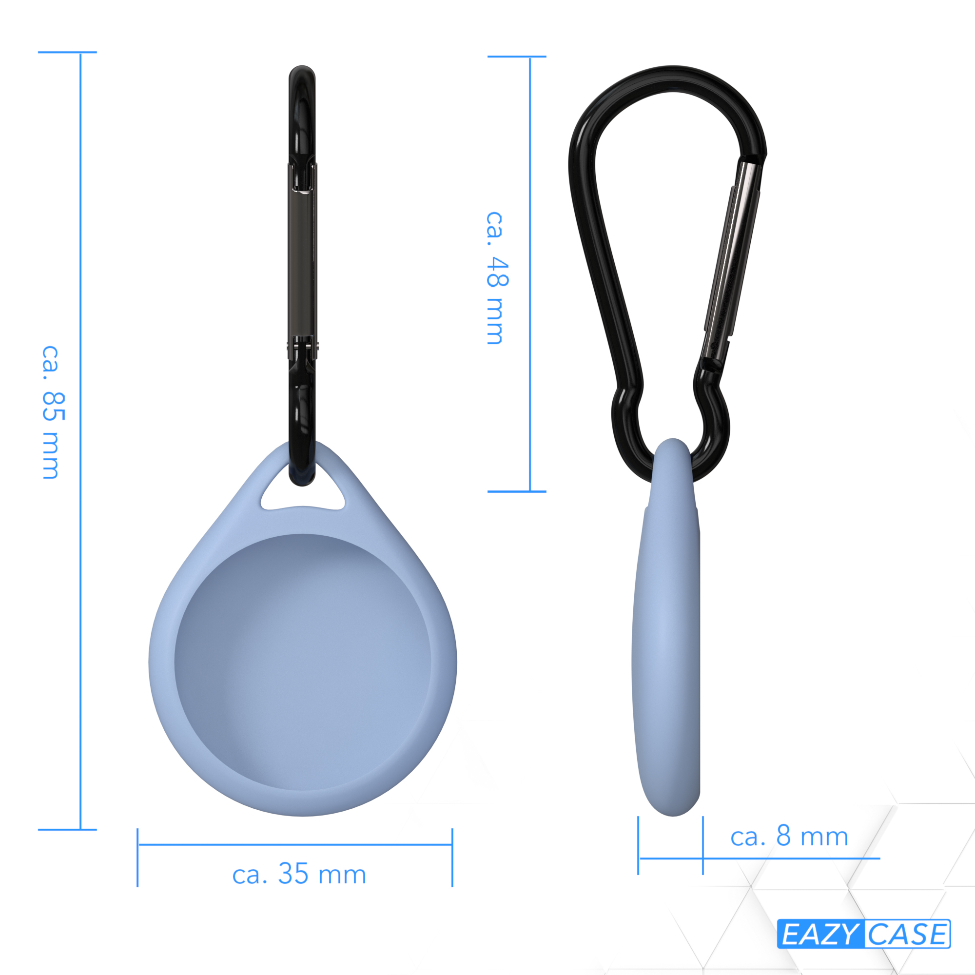 Zwei Ansichten eines hellblauen Gehäuses mit schwarzem Karabiner, mit Maßen.