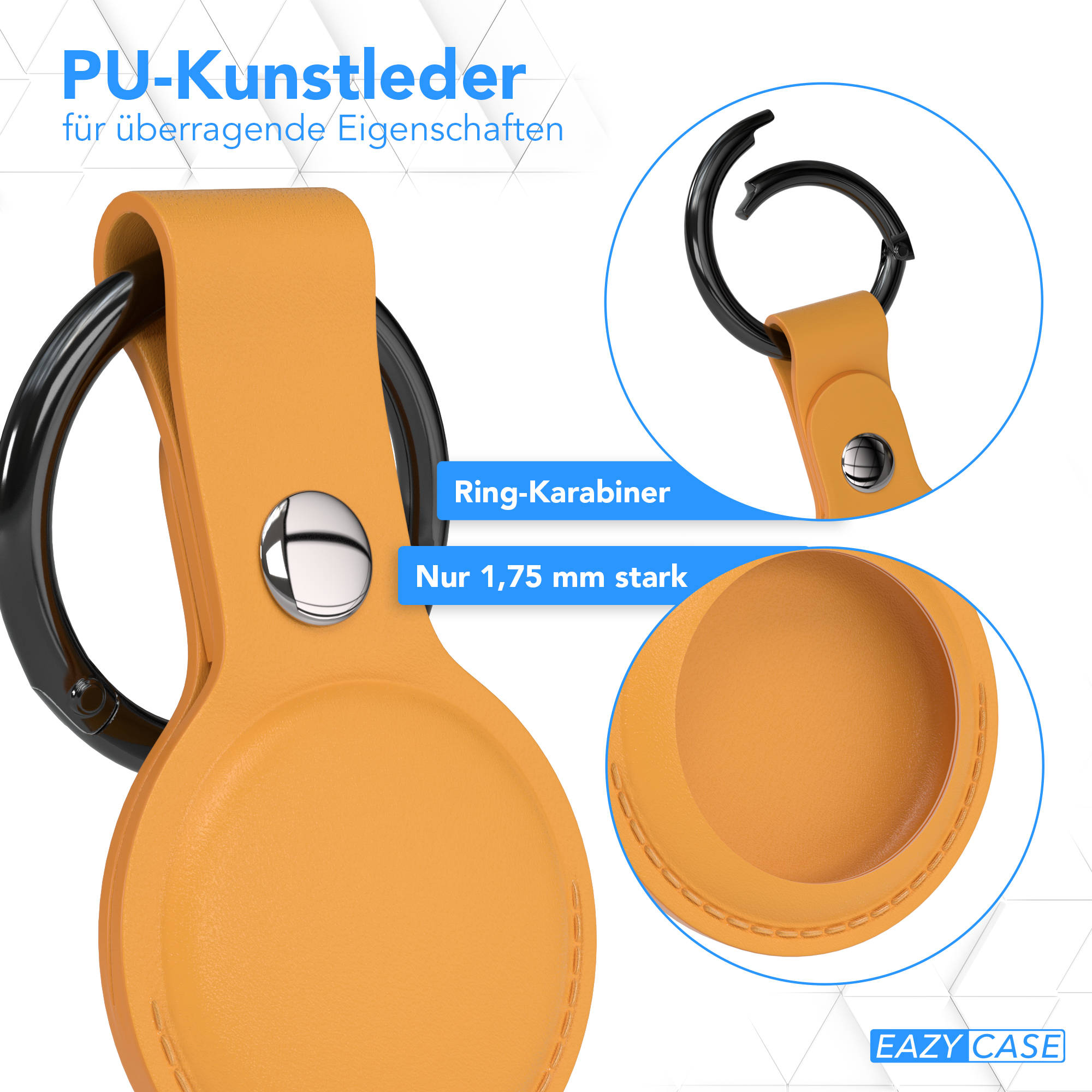 Orangener AirTag-Halter mit schwarzem Ring und Nahaufnahme von Ring und Halter.