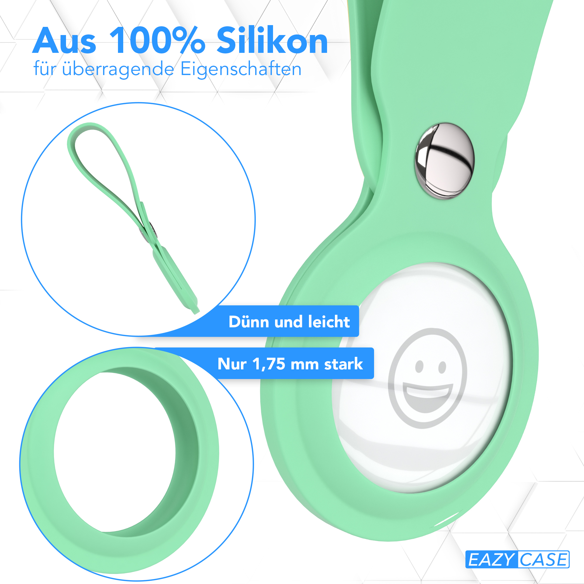 Mintgrünes AirTag-Zubehör mit Schlaufe. Nahaufnahme zeigt Text und Grafiken. Weißer Hintergrund.