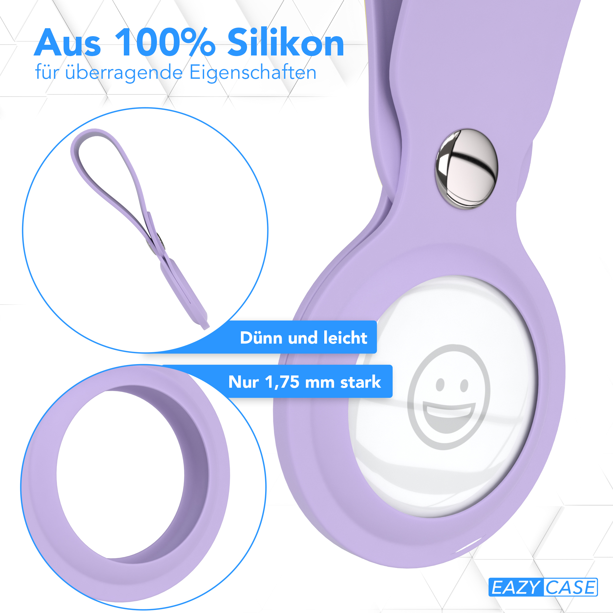 Lila AirTag-Case mit lila Riemen, hervorgehobenen Merkmalen und Details.