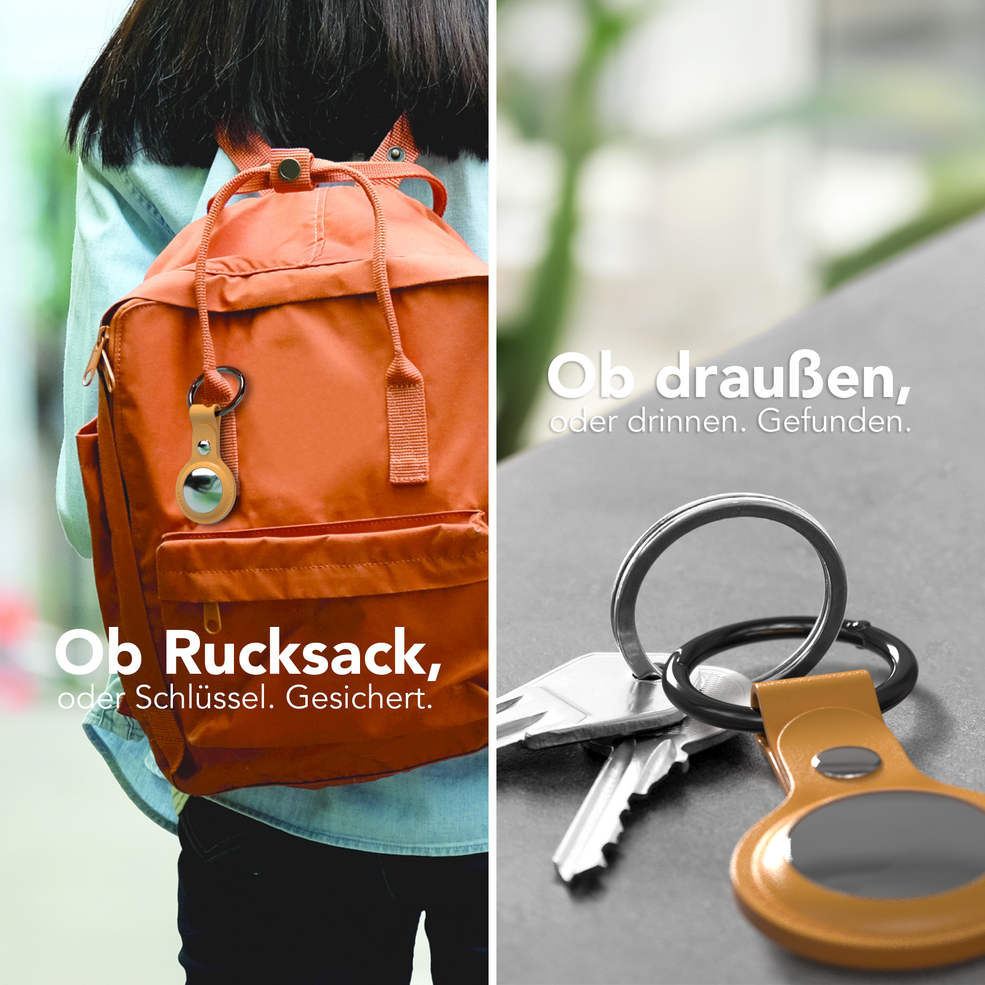Foto geteilt. Eine zeigt einen Rucksack mit Anhänger. Die andere zeigt Schlüssel mit Anhänger.