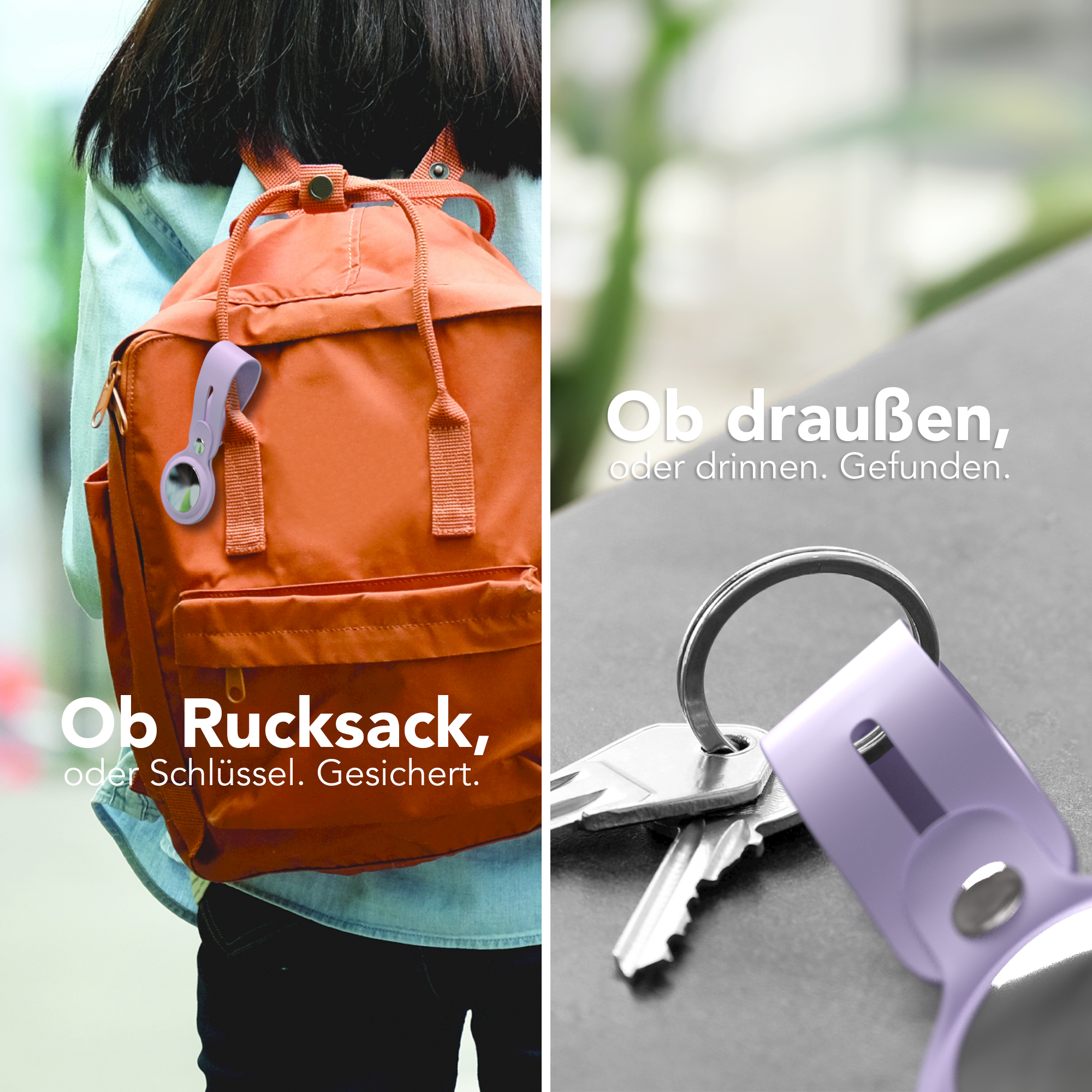 Ein orangefarbener Rucksack mit einem lila Schlüsselhalter und Schlüsseln auf schwarzem Untergrund. Text: Gefunden, gesichert.