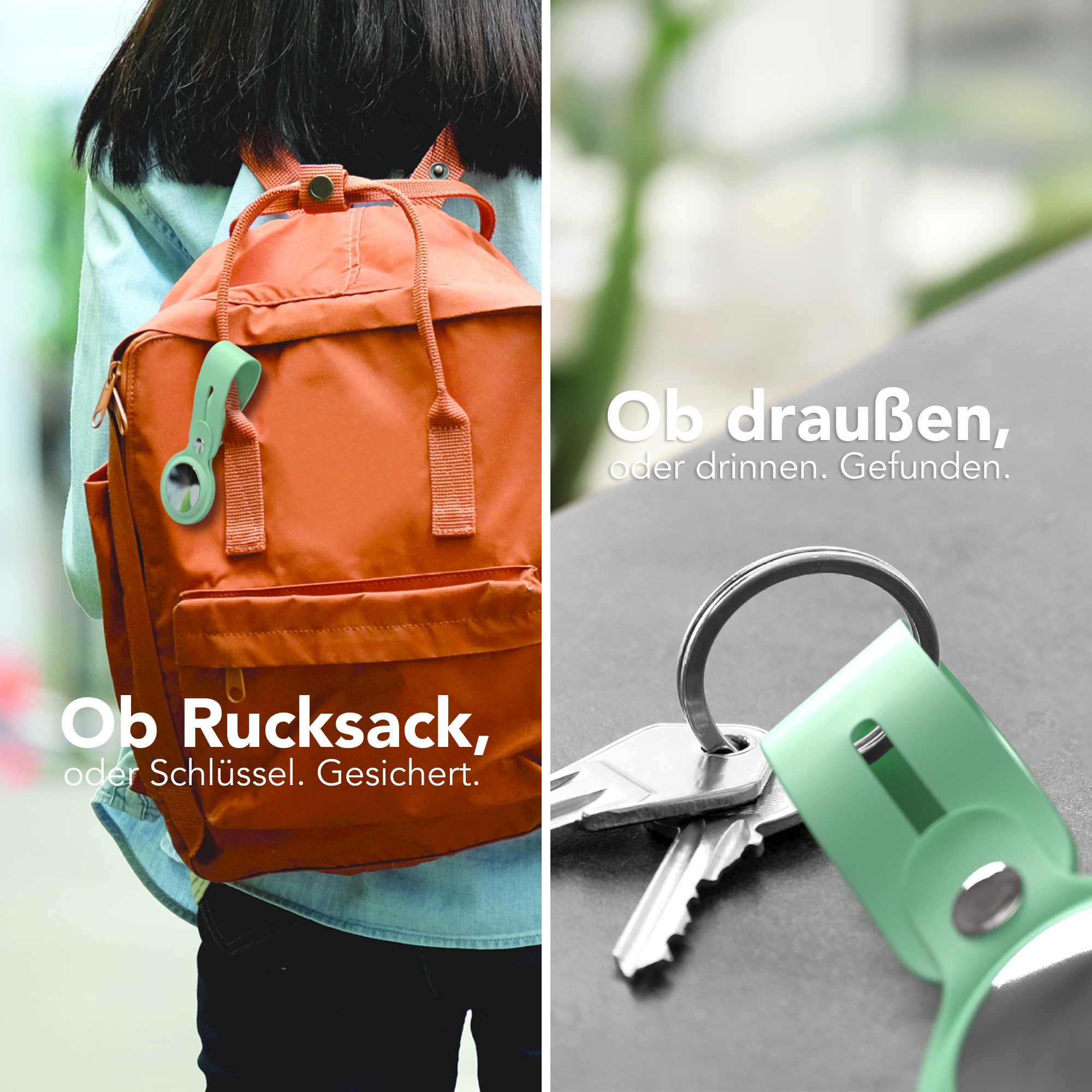 Eine Person mit Rucksack und AirTag-Halterung, sowie Schlüssel mit Halterung.