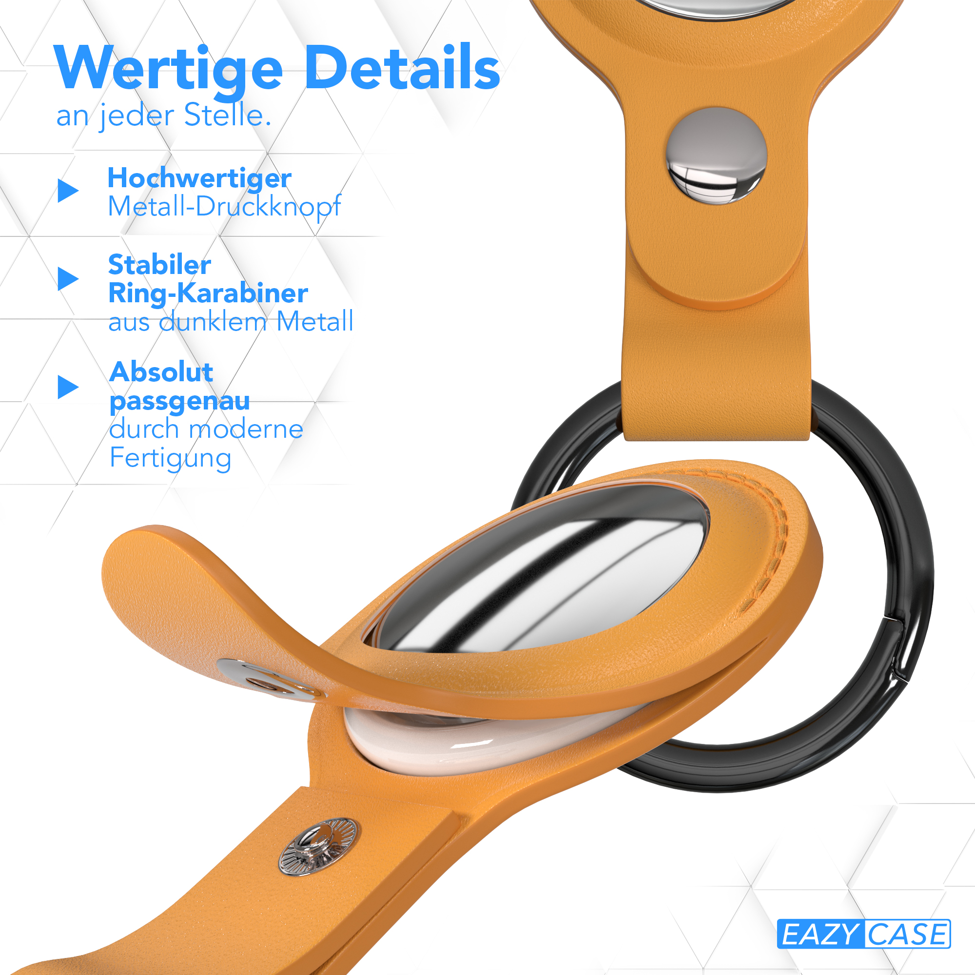 Orangener Leder AirTag-Halter mit schwarzem Ring und Details.