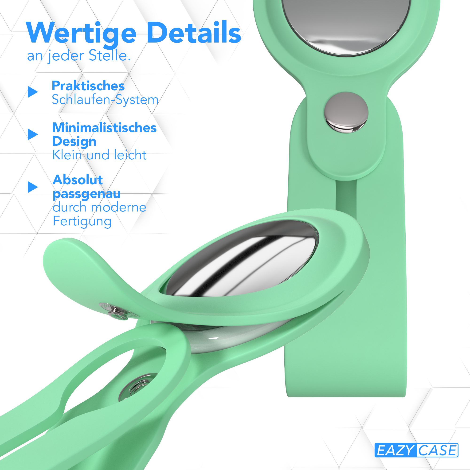 Nahaufnahme eines mintgrünen AirTag-Halters, Details zu Funktionen und Design.