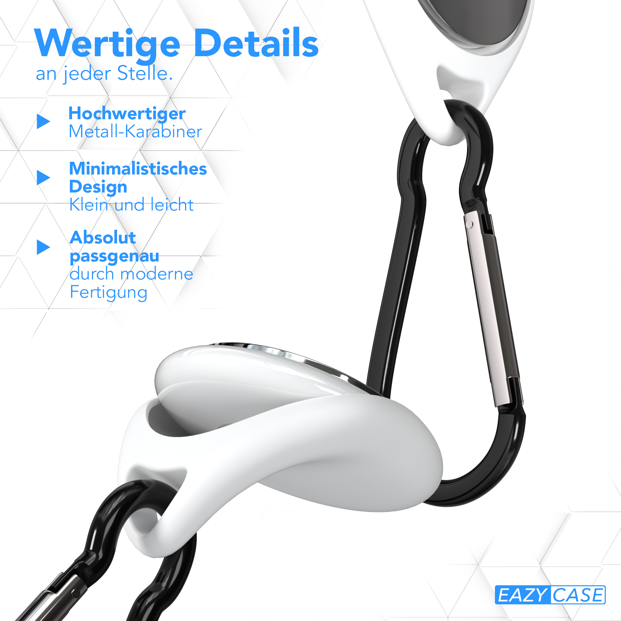 Nahaufnahme eines weiß-schwarzen Trackers mit Karabiner, der sein Design und Details hervorhebt.