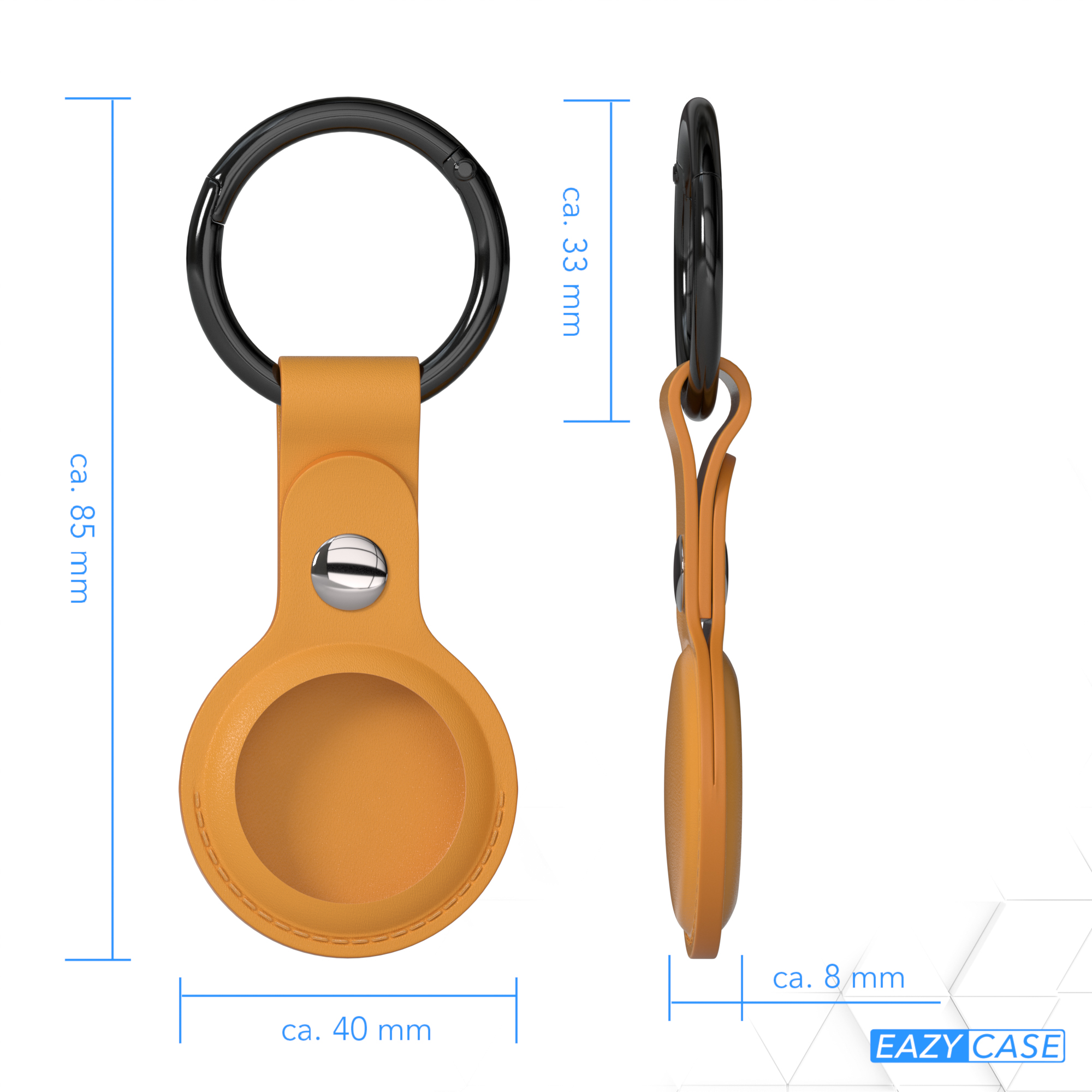 Eine gelb-orangefarbene Hülle mit schwarzem Ring. Abmessungen: 85 mm hoch, 40 mm breit, 8 mm dick und ein 33 mm Ring.