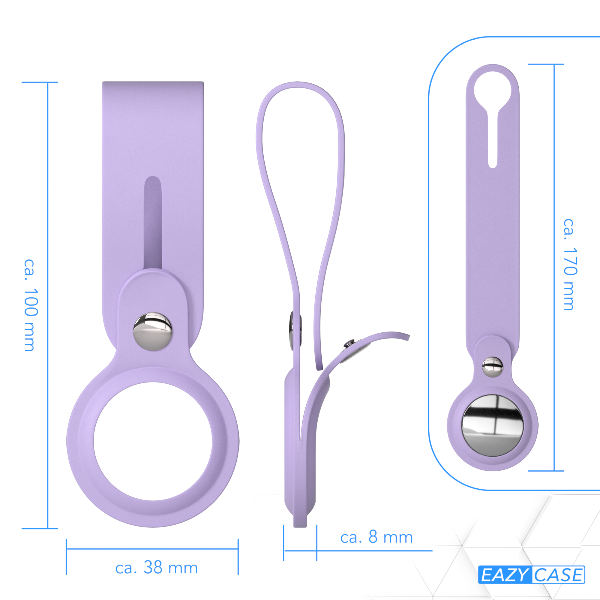 Drei Ansichten eines hellvioletten AirTag-Halters mit Maßangaben.