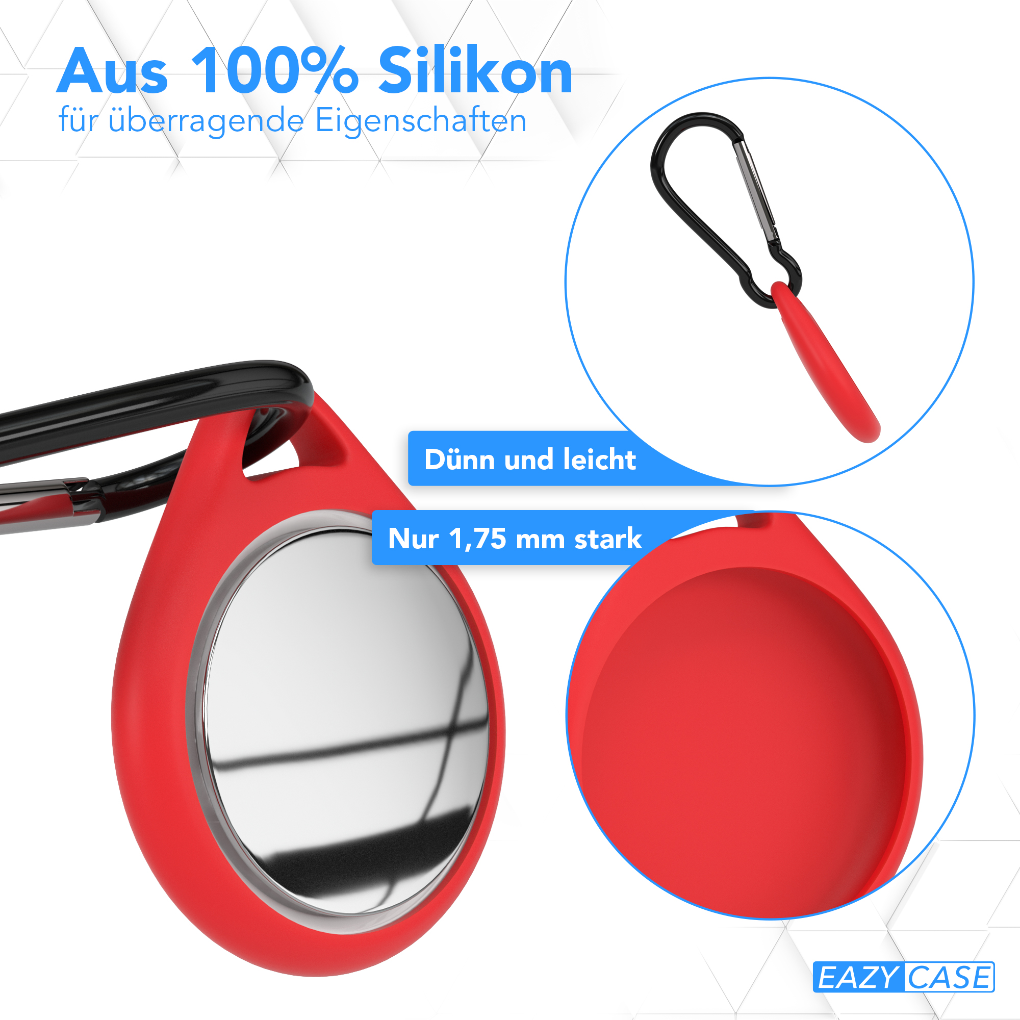 Ein roter Silikonhalter mit Karabinerhaken, der ein kleines, rundes, metallisches Objekt zeigt.