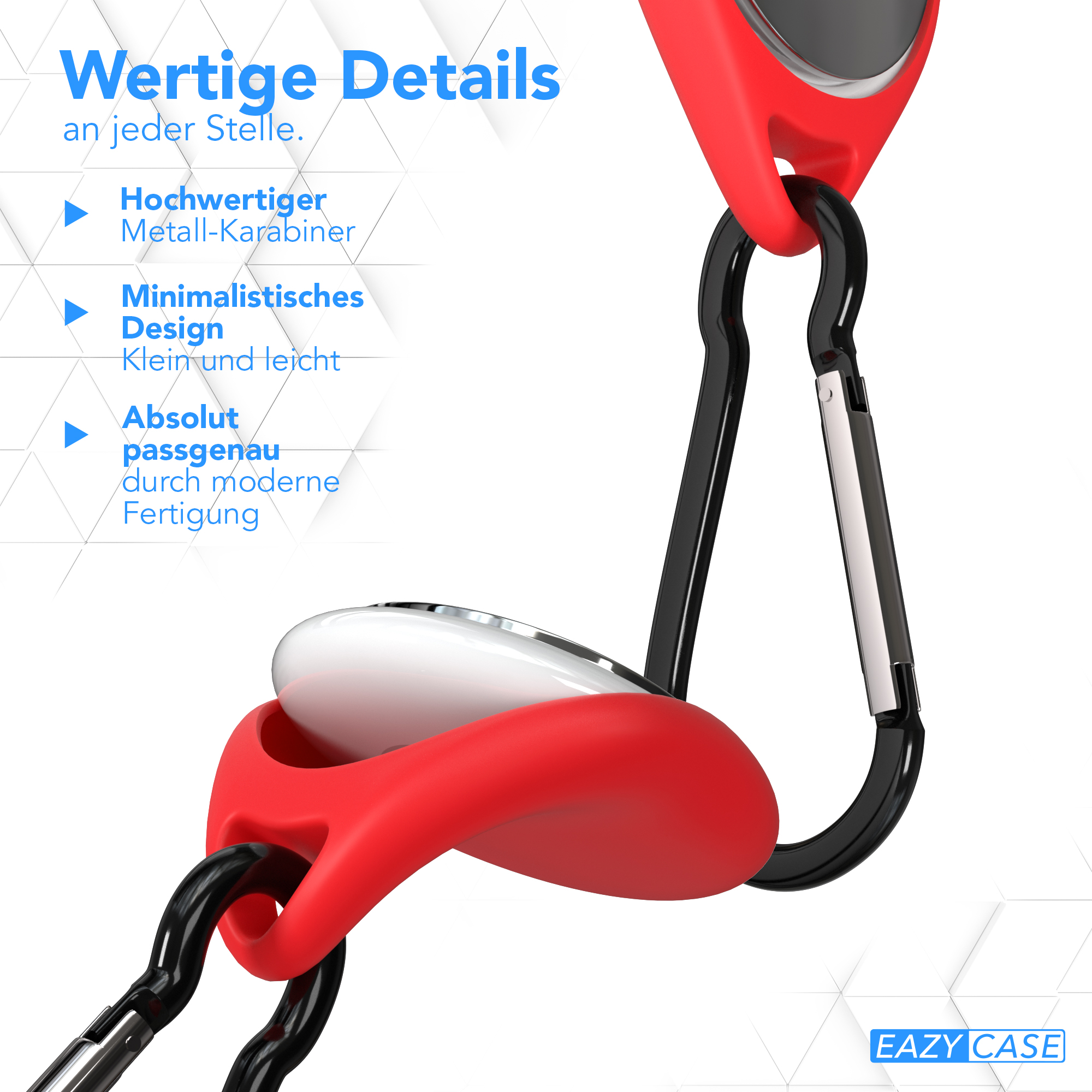 Nahaufnahme eines rot-schwarzen Geräts mit silbernem Verschluss und Schlüsselring, Details und Design.