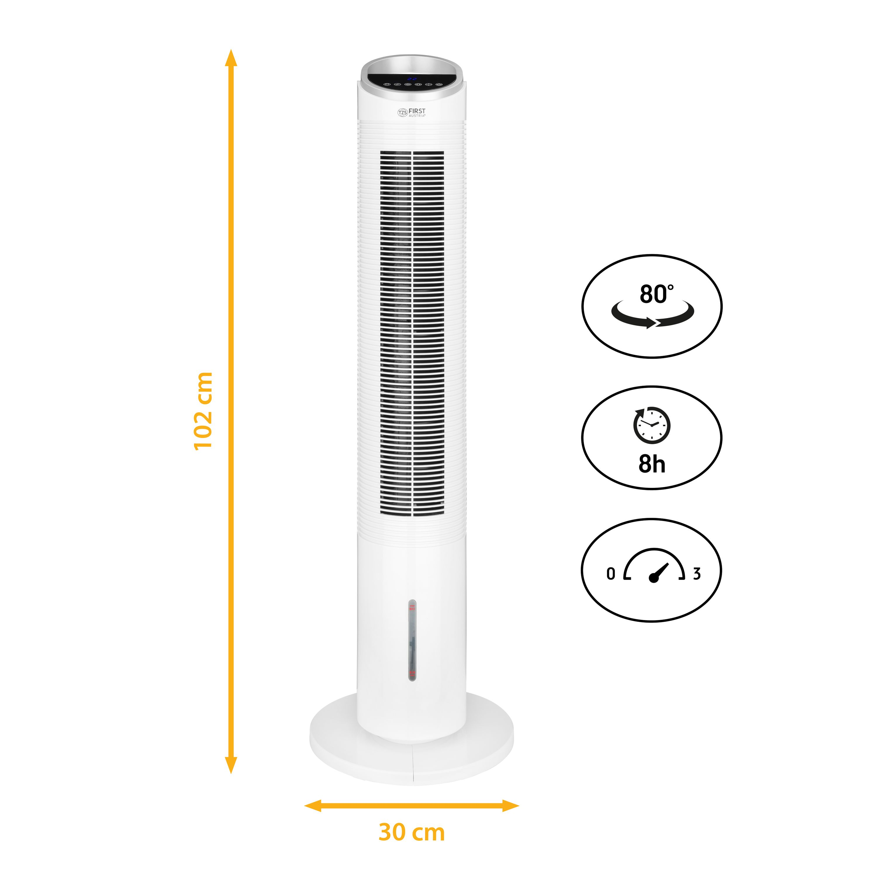 Hoher weißer Turmventilator mit beschrifteten Abmessungen und kreisförmigen Symbolen.