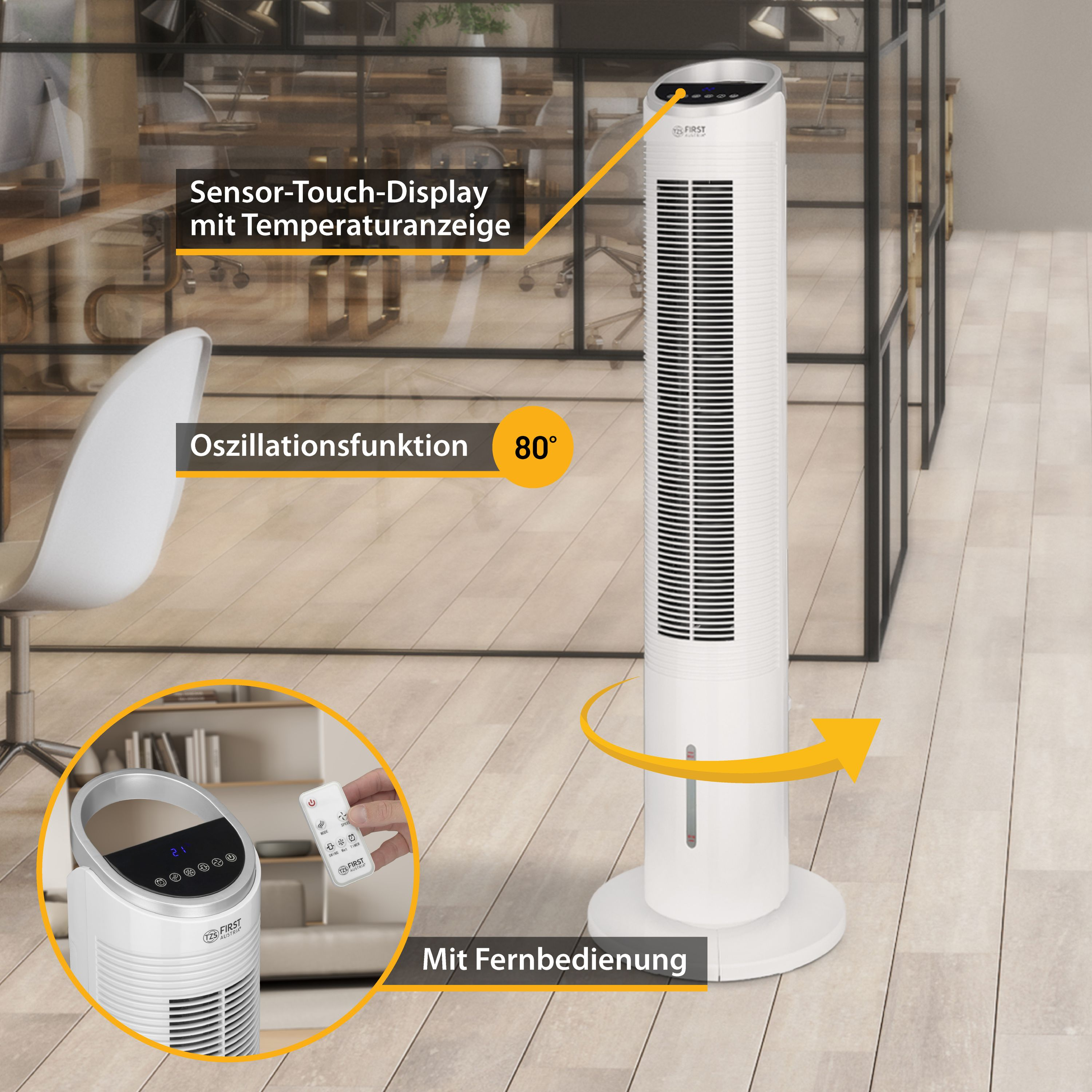 Ein weißer Turmventilator mit Display und Fernbedienung in einem Büroumfeld.